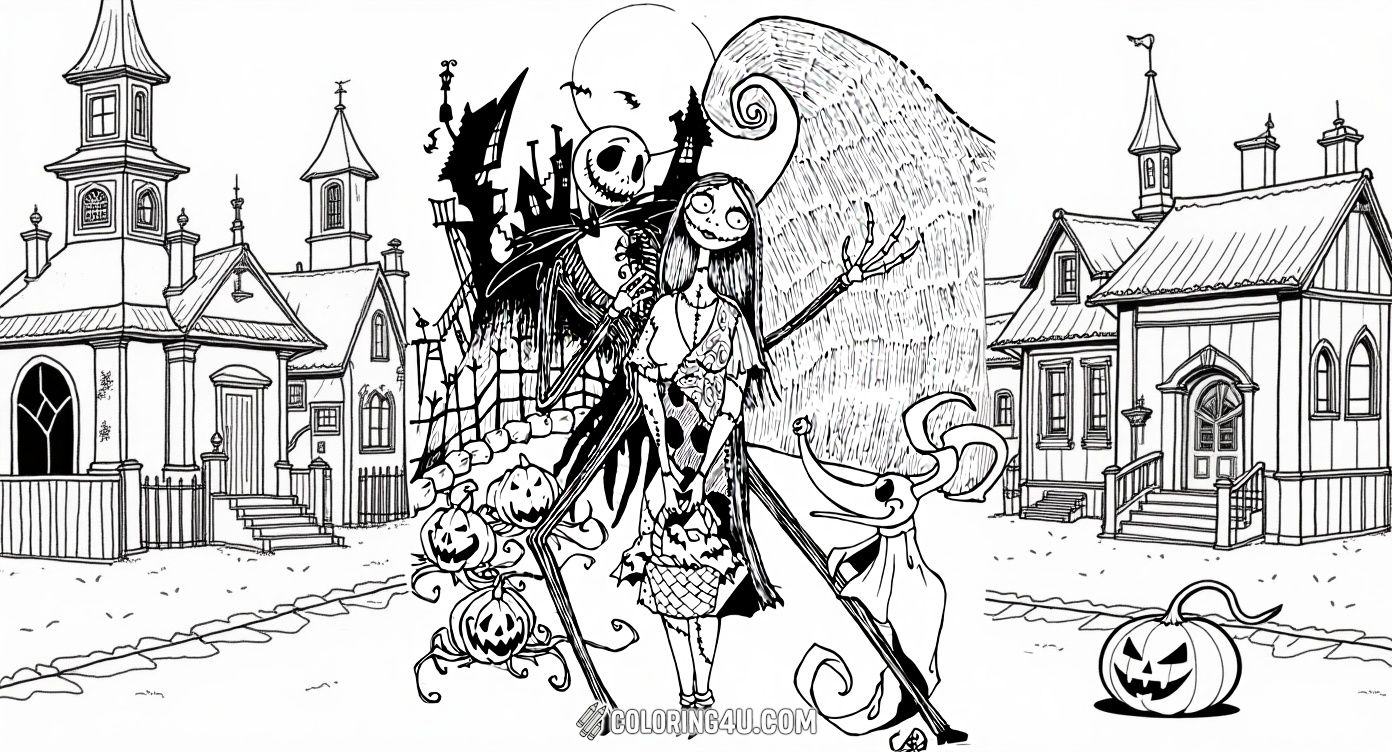 Color this detailed scene featuring Jack Skellington, Sally, and Zero the ghost dog enjoying a spooky Halloween night in Halloween Town. With pumpkins, creepy houses, and a full moon, this page offers a perfect Halloween adventure for kids to color and bring to life.