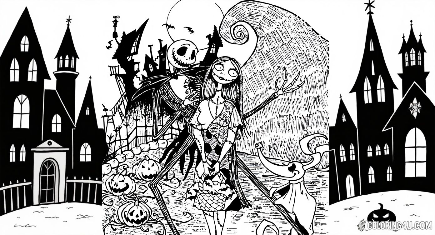 Color a spooky and fun scene featuring Jack Skellington, Sally, and Zero the ghost dog from Nightmare Before Christmas. Set against a backdrop of eerie houses and glowing pumpkins, this page brings Halloween Town to life for young artists.