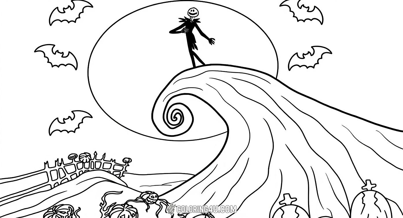 Celebrate the spooky charm of Nightmare Before Christmas with this wonderful coloring page showing Jack Skellington standing proudly atop the iconic spiral hill. Bats fly around and detailed pumpkins decorate the hill beneath him, offering kids a fun and imaginative way to add their creative touch to this classic scene.