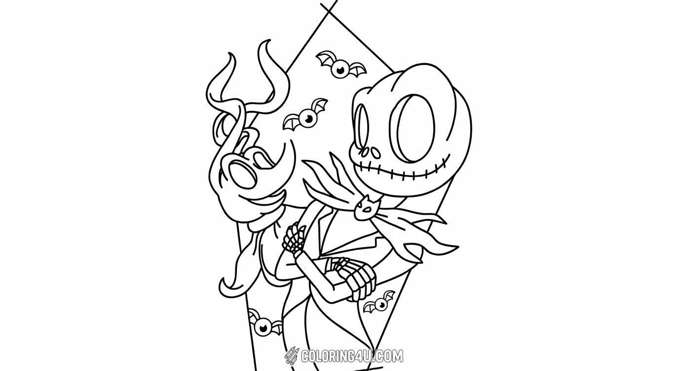 Enjoy a playful coloring page starring the beloved Jack Skellington from The Nightmare Before Christmas. With quirky bats and a fun Halloween vibe, this lively image is perfect for kids to add their favorite colors and celebrate spooky fun in a friendly way.