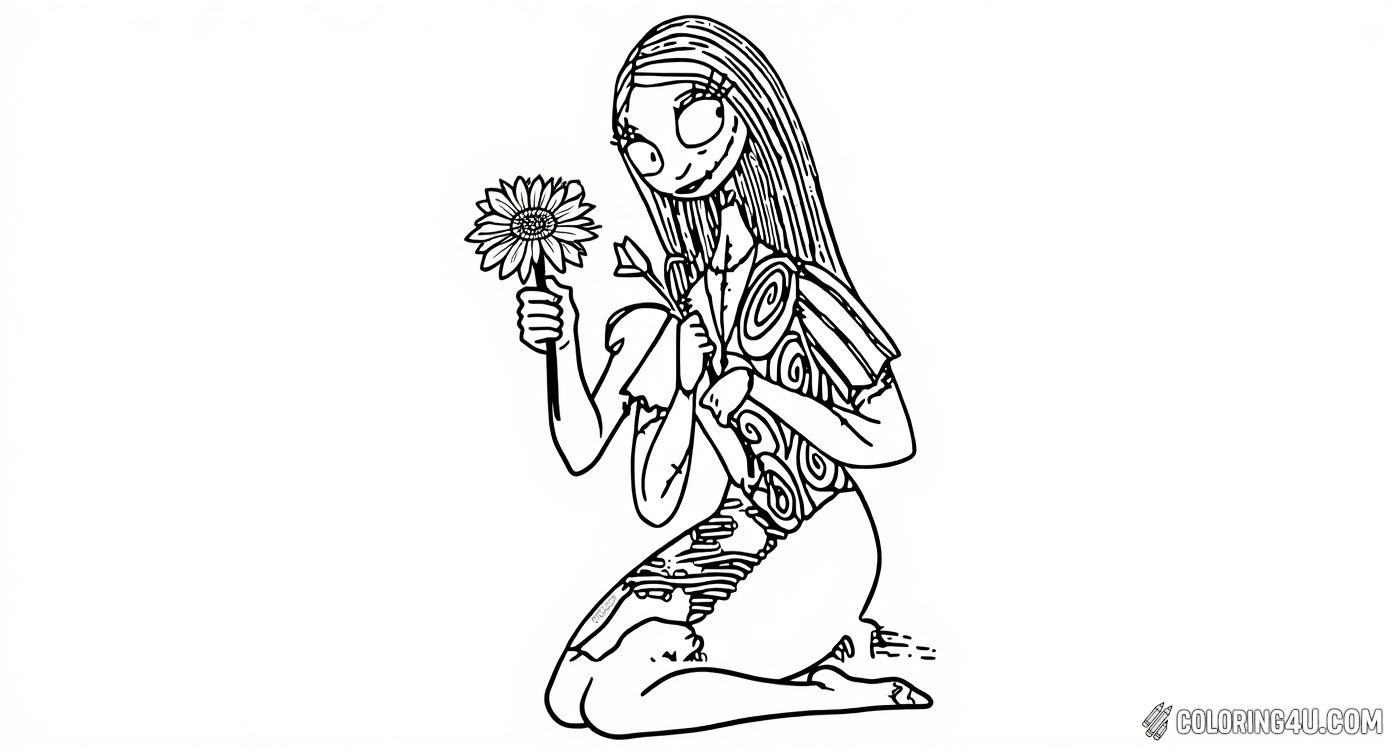 Bring Sally's gentle spirit to color as she holds a flower in this delightful Nightmare Before Christmas coloring page. Kids can have fun adding colors to her patchwork dress and the beautiful swirls around her.