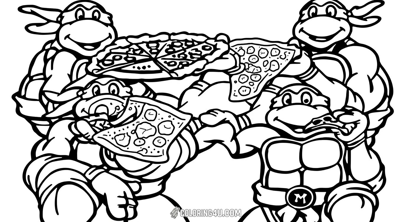 Get ready for a tasty adventure with the Teenage Mutant Ninja Turtles as they share a giant pizza! This delightful coloring page shows the turtles enjoying their favorite treat, perfect for kids to color and imagine a fun pizza party with their favorite heroes.