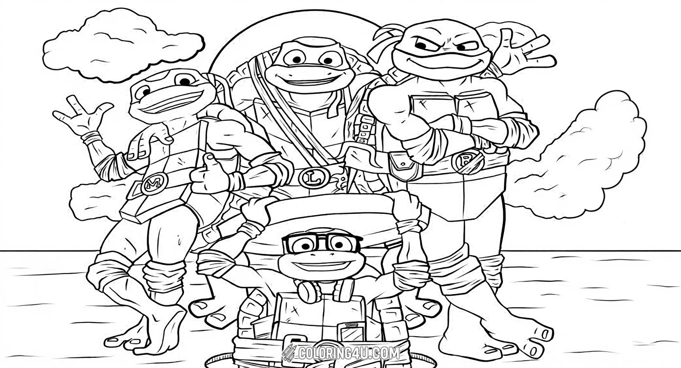 Join the Teenage Mutant Ninja Turtles in this exciting coloring page featuring Leonardo, Michelangelo, Donatello, and Raphael striking heroic poses against a scenic backdrop. Kids can bring these fun and brave turtles to life with their favorite colors and imagine their adventurous stories!