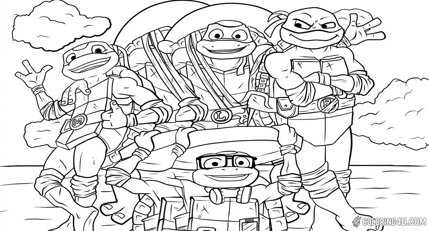 Get ready to color the awesome Teenage Mutant Ninja Turtles standing together with big smiles and a glowing background! These brave turtle heroes—Leonardo, Michelangelo, Donatello, and Raphael—are ready for adventure and fun. Join them in bringing this cool scene to life with your favorite bright colors!