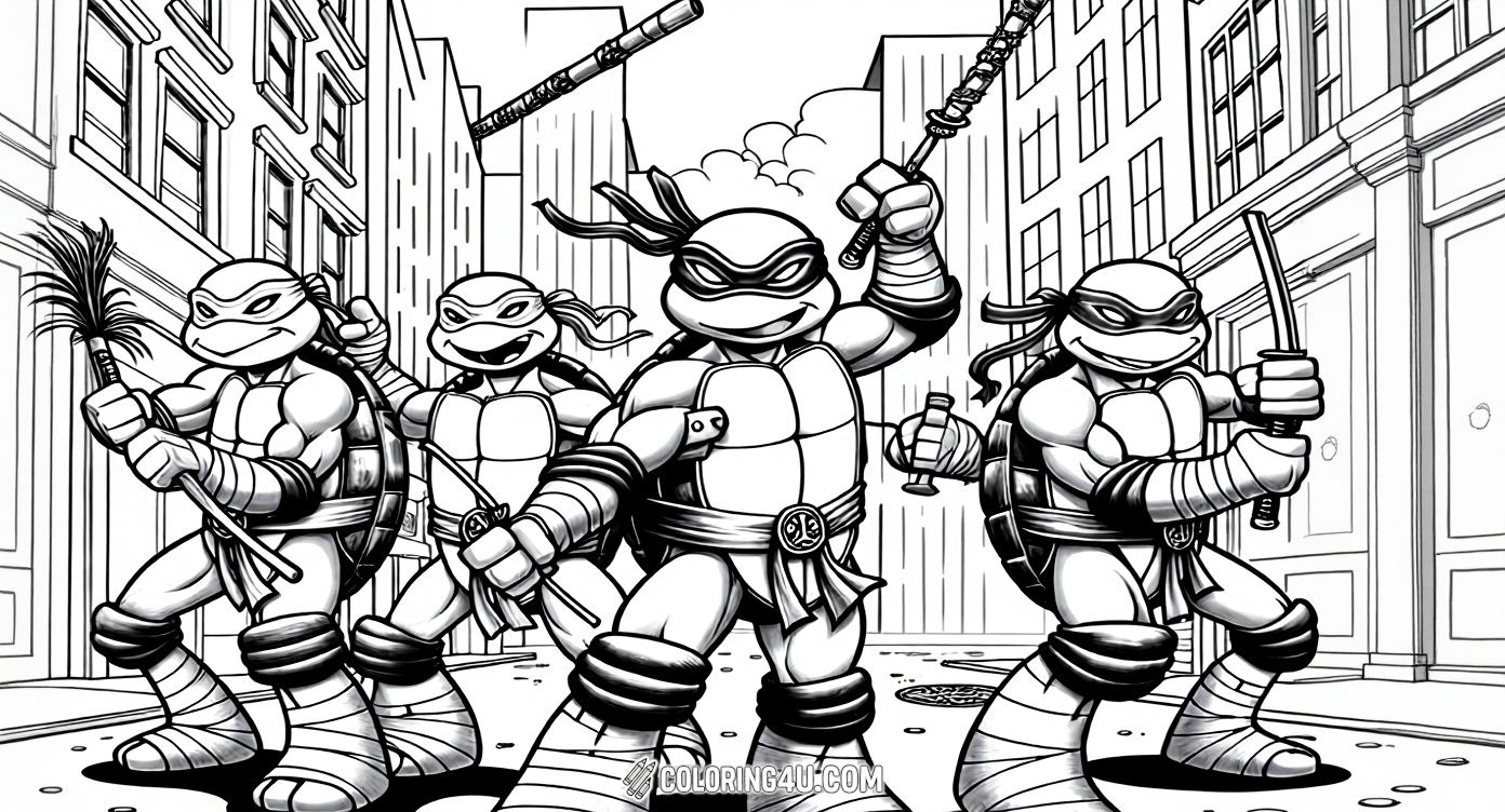 Step into the action-packed world of the Teenage Mutant Ninja Turtles! This dynamic coloring page shows the turtles ready for battle in a city street, armed with their weapons and confidence. Kids can have fun bringing energy and excitement to this ninja team with vibrant colors.