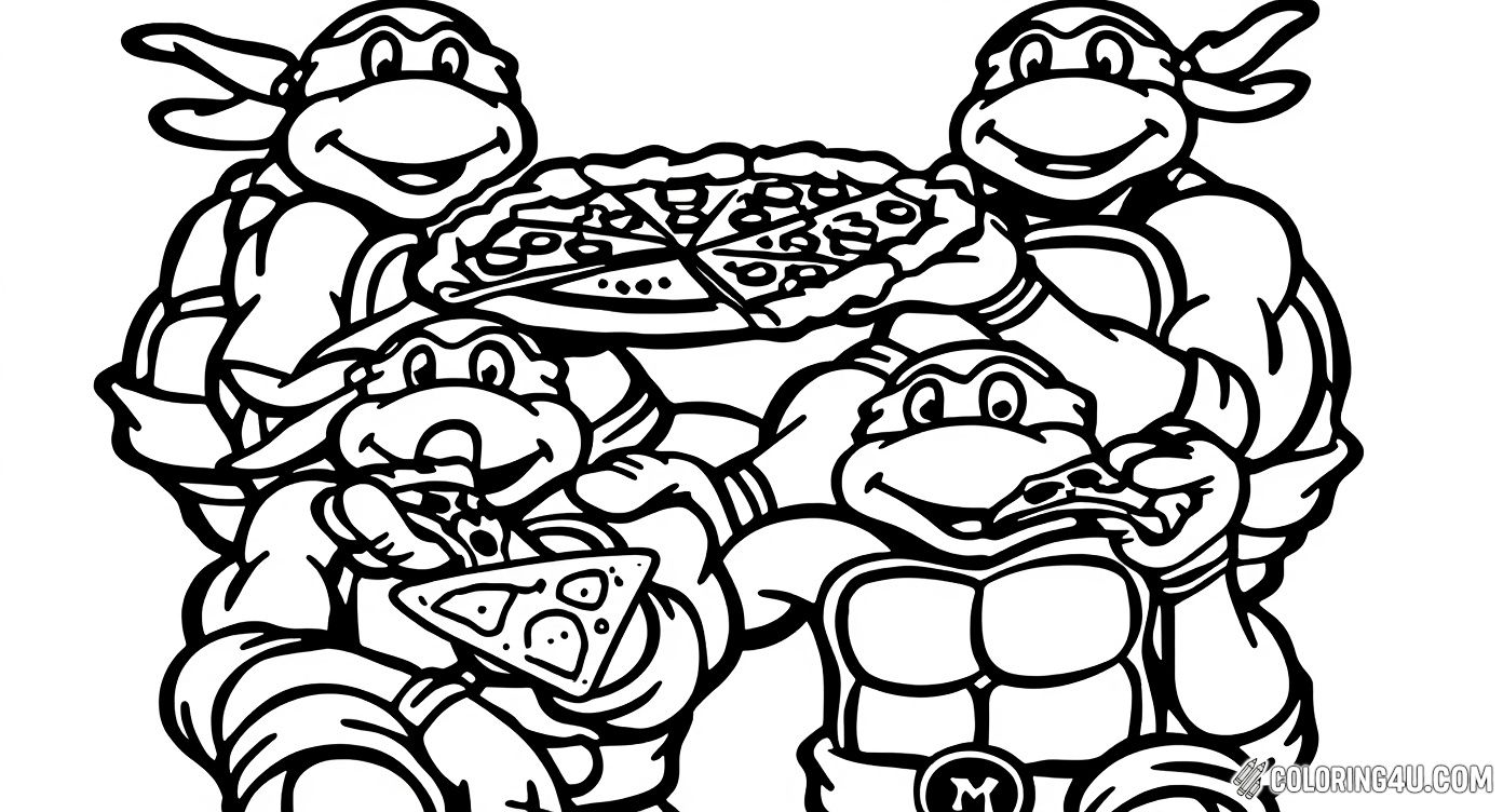 Join the Teenage Mutant Ninja Turtles as they share their favorite treat: delicious pizza! In this fun coloring page, the turtles are happily enjoying slices of their cheesy, tasty meal. Perfect for kids who love action and yummy food, this scene invites you to add vibrant colors to the heroes' happy pizza party!