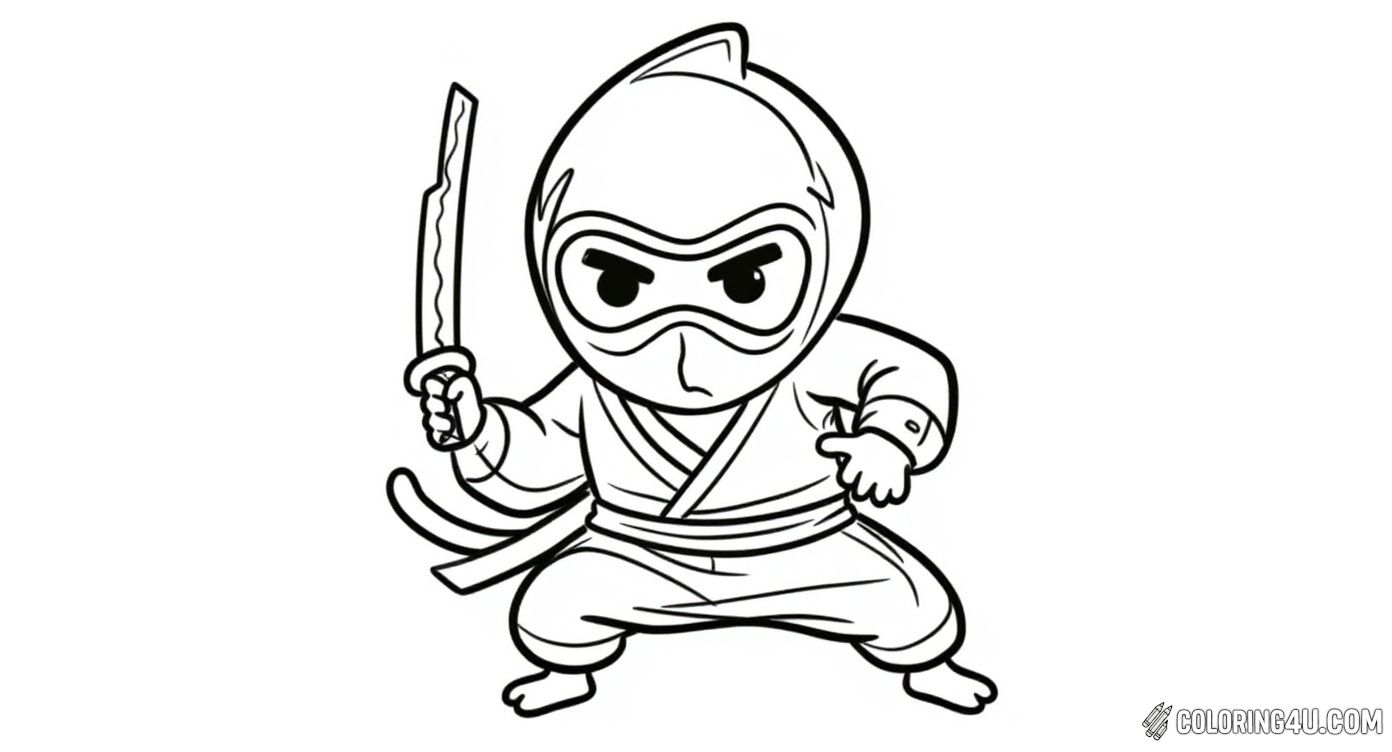 Get ready for adventure with this exciting coloring page of a cartoon ninja in a dynamic action pose, holding a sword and surrounded by stars. Kids will love coloring this brave ninja as he prepares for his next mission!