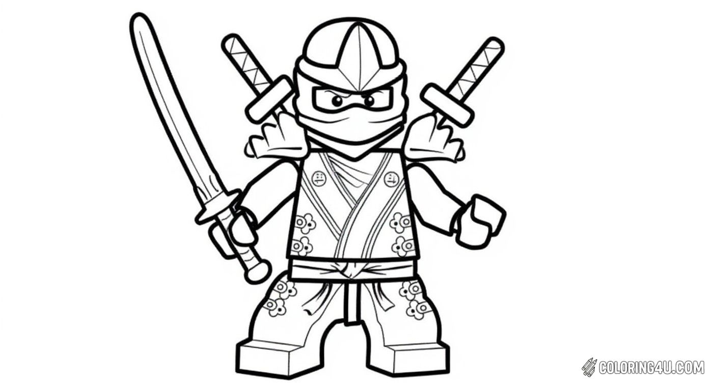 This fun coloring page features a Lego-style ninja standing confidently with two swords strapped to his back. Kids can enjoy bringing this fierce warrior to life with vibrant colors and imaginative details!
