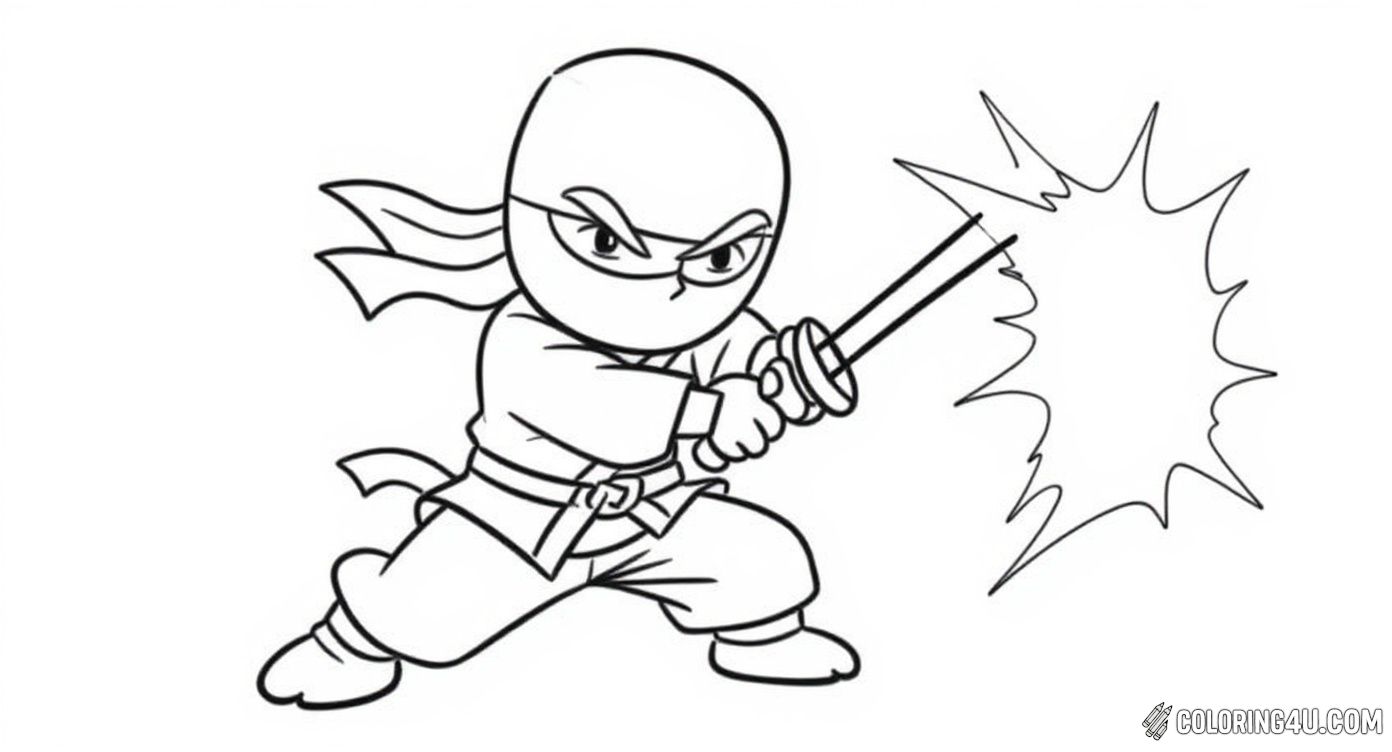 This cool coloring sheet shows a little ninja in a crouching position, swinging his sword with powerful energy effects around him. It’s a great picture for kids to add their own colorful spin on a fierce and focused ninja warrior!