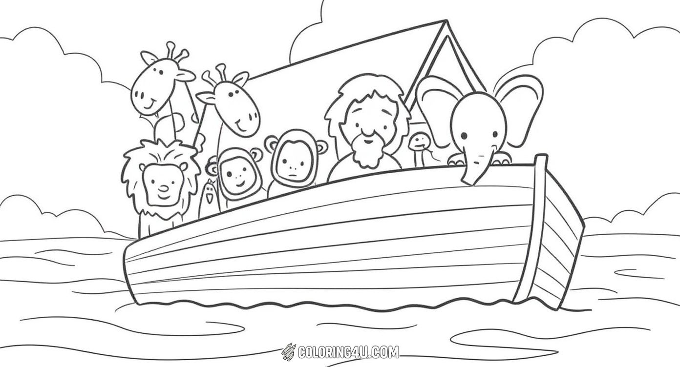 This adorable cartoon-style coloring page shows Noah and a group of cheerful animals on the ark, including giraffes, lions, monkeys, and an elephant. The ark sails smoothly on gentle waves under a cloudy sky. Kids will love coloring this charming and friendly image inspired by Noah's Ark.