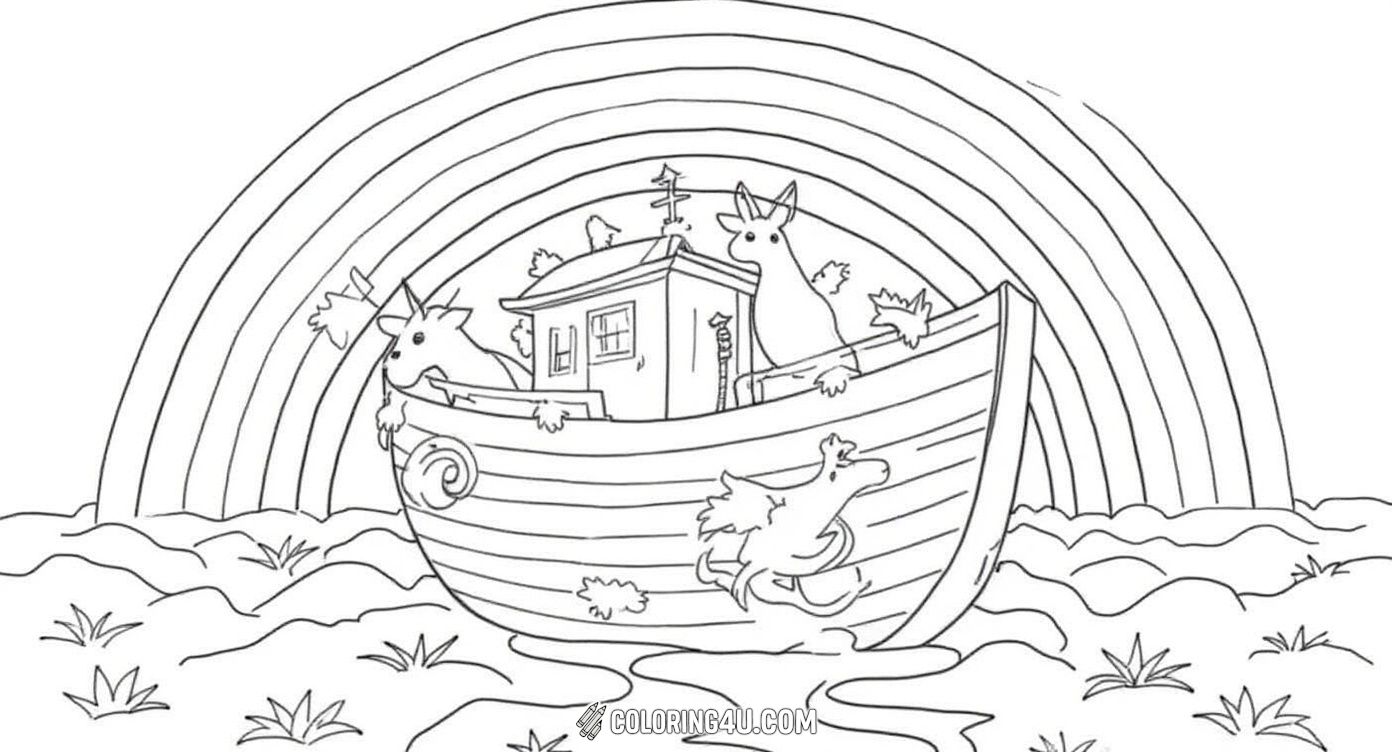 Discover a detailed and enchanting Noah's Ark coloring page where Noah stands proudly on the boat surrounded by a variety of animals like giraffes, elephants, monkeys, and birds. A large rainbow arches across the sky, symbolizing hope. This fun scene invites kids to add vibrant colors and spark their creativity.