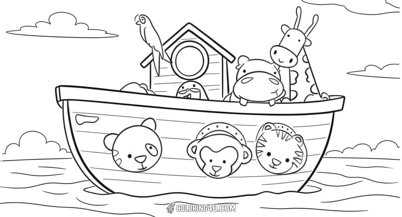 This adorable coloring page features Noah with a variety of cute animals on the ark, including a tiger, panda, giraffe, lion, and monkey. The simple lines and sweet expressions invite children to color each animal and Noah as they all embark on their journey across the water.