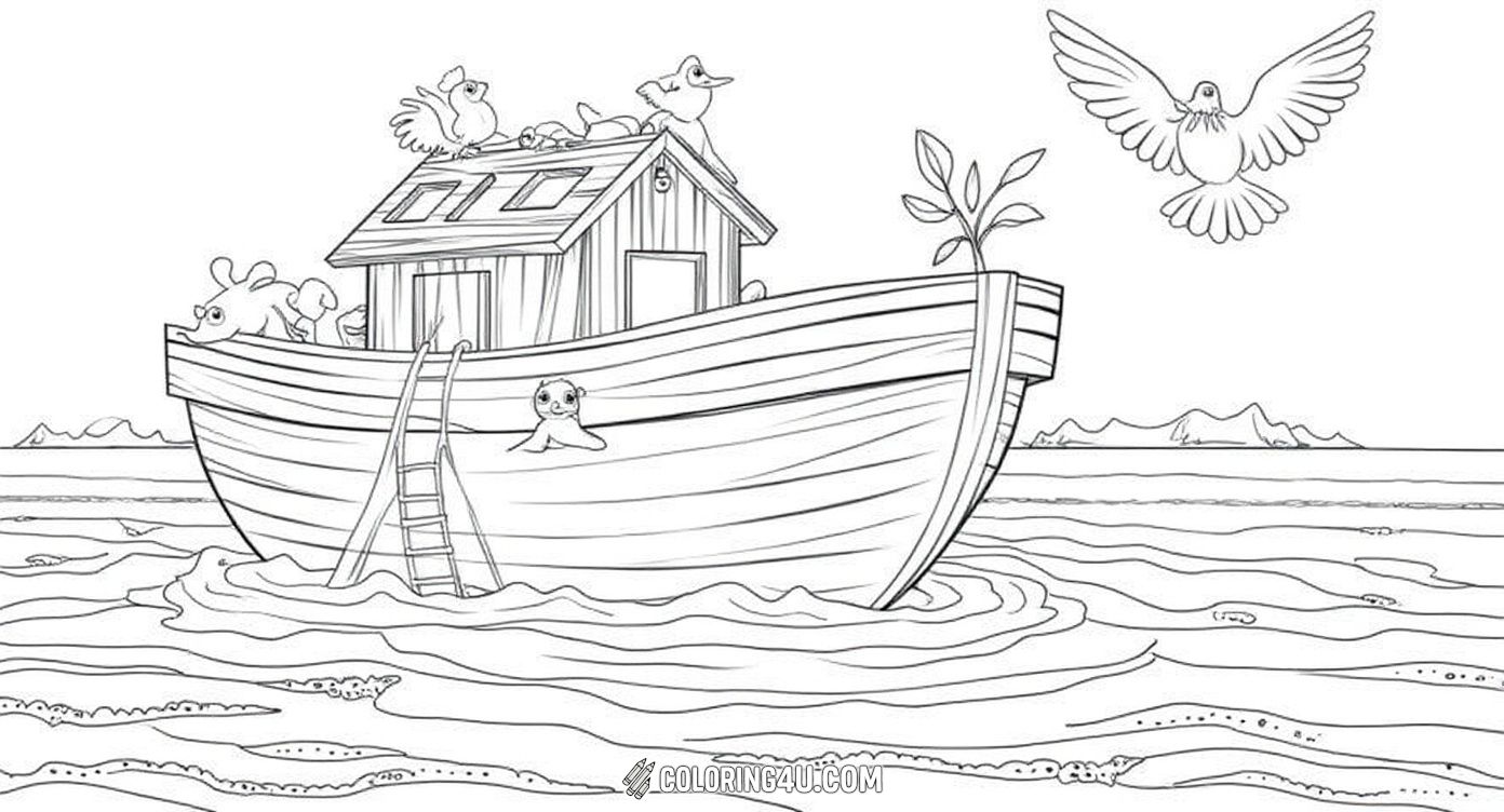 This detailed coloring page depicts Noah's Ark with many animals peeking out of windows and the roof, as Noah stands proudly holding his staff. Above, a dove carries an olive branch symbolizing hope and new beginnings. Kids can color each animal and the beautiful scenery in this classic biblical moment.
