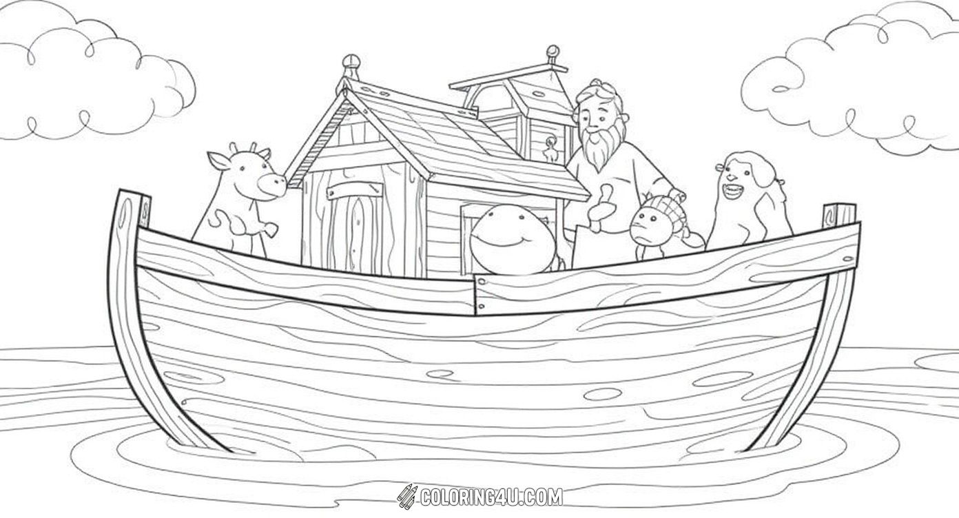 In this charming coloring page, children can color Noah and his family alongside two hippos, two giraffes, and a cat on the wooden ark. The simple lines and framed borders make it inviting for little artists. A short scripture from Genesis 6 reminds kids of the story behind the ark and the great flood.