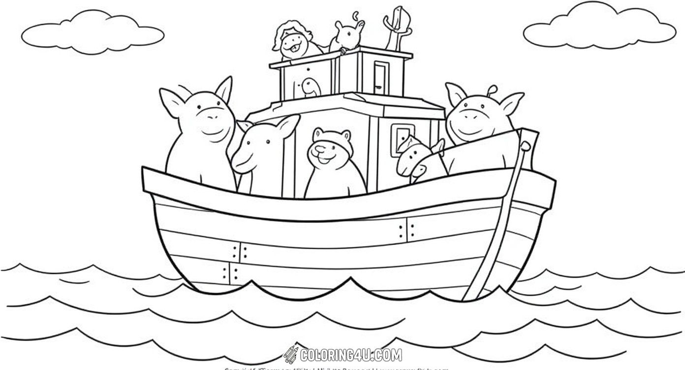 This lively coloring page features Noah's Ark floating on the water with happy animals peeking out, including elephants, giraffes, and hippos. Two playful fish jump out of the water, and fluffy clouds hover above. Kids will enjoy bringing this joyful scene to life with their favorite colors!