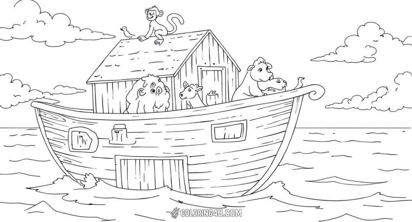 This delightful coloring page features Noah standing proudly on his ark surrounded by many animals, including a giraffe, lion, goat, and monkey. A dove carrying an olive branch flies nearby, symbolizing peace after the flood. Kids will love bringing this classic biblical scene to life with their colorful touch.