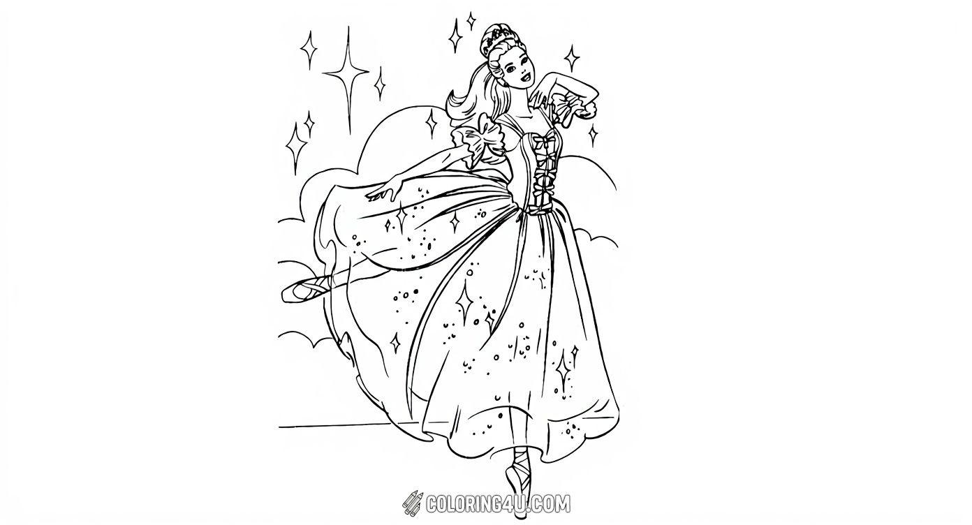 This enchanting coloring page shows a joyful ballerina dancing in a sparkling costume, inspired by the beloved Nutcracker ballet. Kids will have fun coloring the flowing dress and adding sparkle to this magical dance moment.