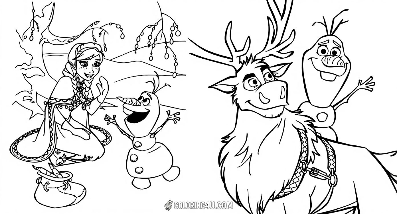 Join the magical world of Frozen with this delightful coloring page showcasing Anna chatting with Olaf on one side, and Olaf happily posing with Sven the reindeer on the other. Perfect for kids to color their favorite characters from the Frozen movie!
