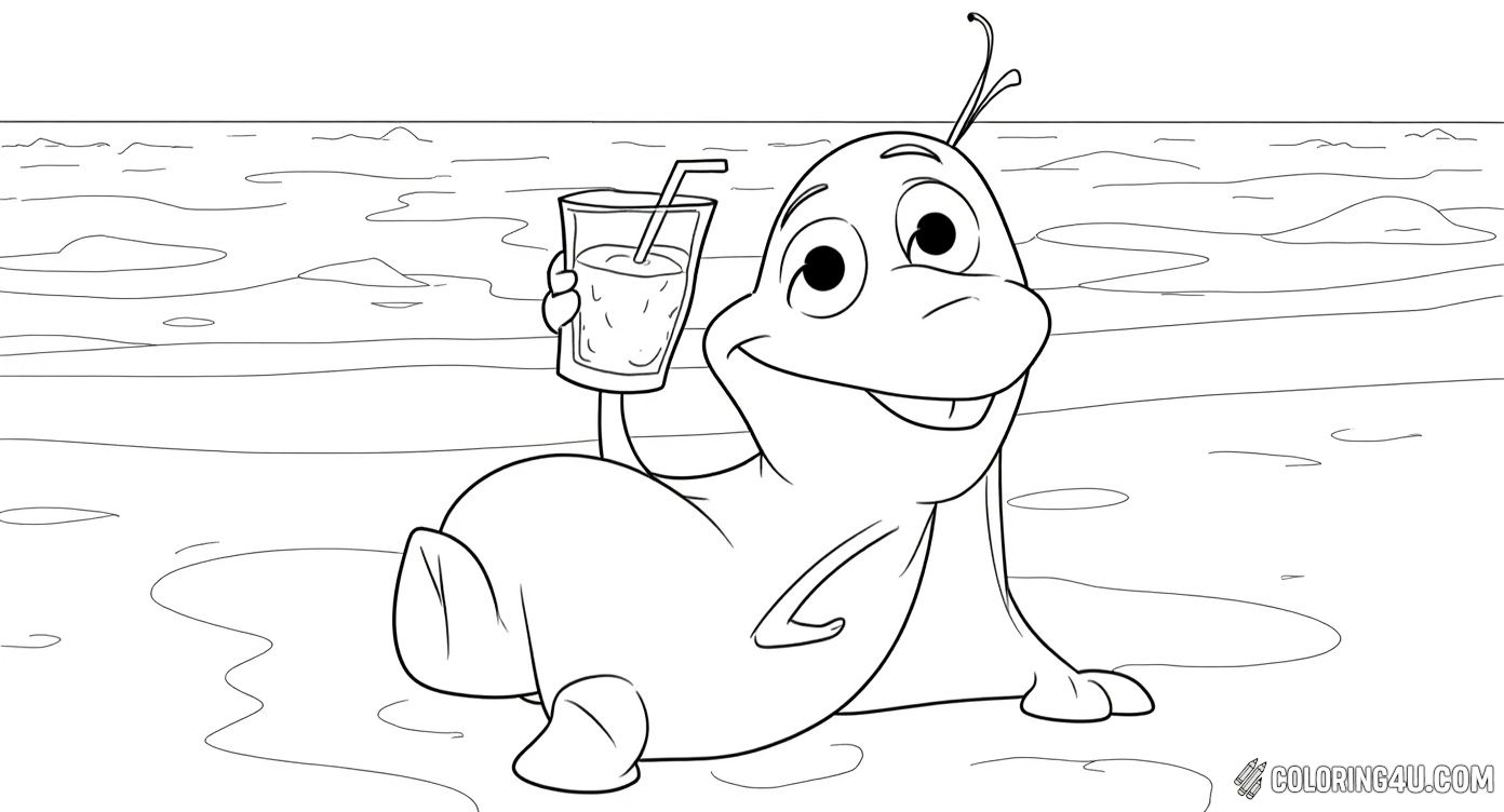 Join Olaf the lovable snowman from Disney's Frozen as he enjoys a sunny day on the beach, relaxing under a large umbrella with a refreshing drink in hand. Kids can have fun coloring Olaf’s happy face, the beach ball, and the bright sun to bring this delightful summer scene to life.
