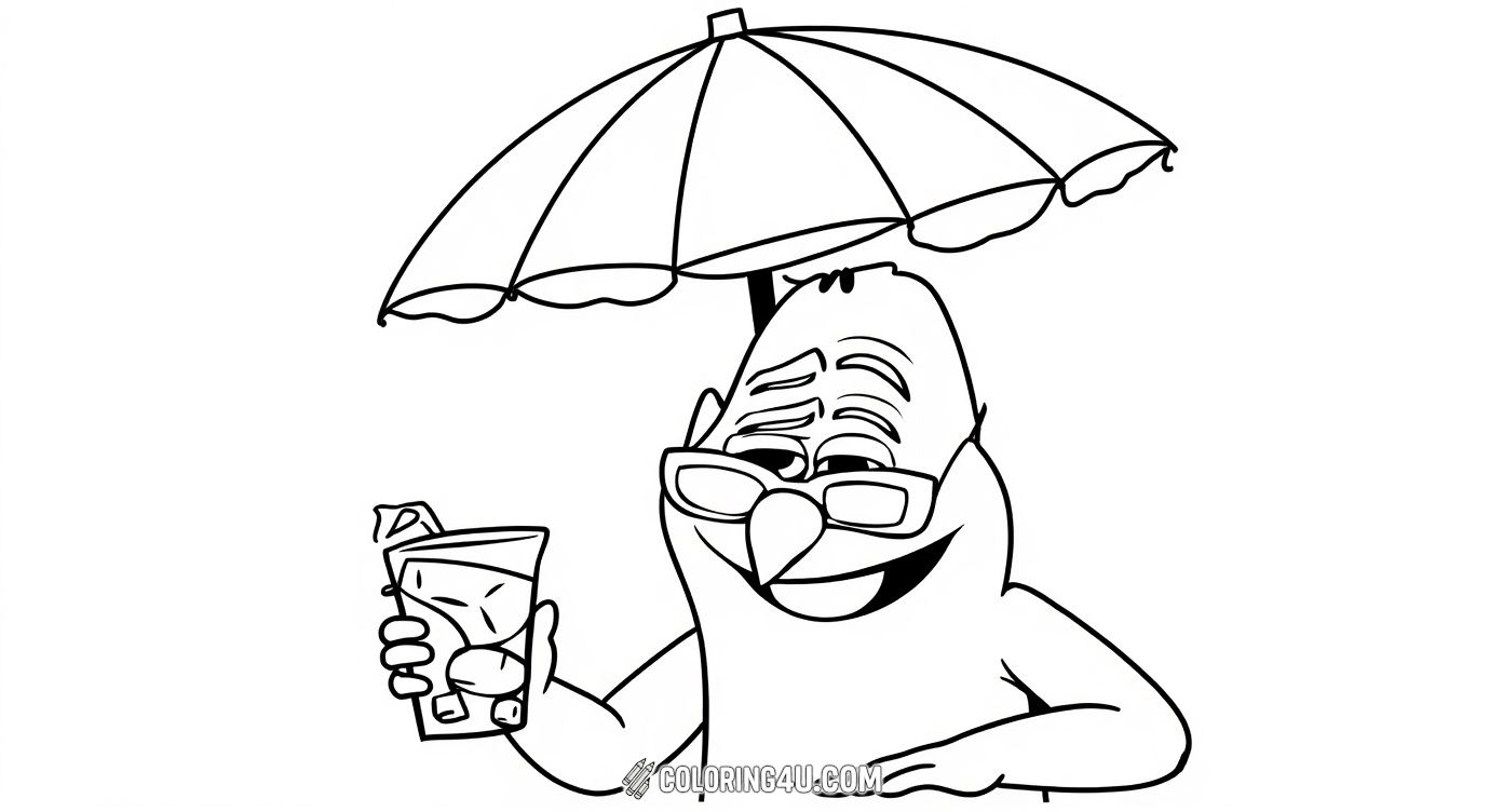 Relax with Olaf, the charming snowman from Disney's Frozen, as he enjoys a cool refreshment under a beach umbrella. This fun and quirky coloring page invites kids to add bright shades to Olaf's cheerful smile and the refreshing drink, capturing a sunny, playful vibe that's perfect for any season.