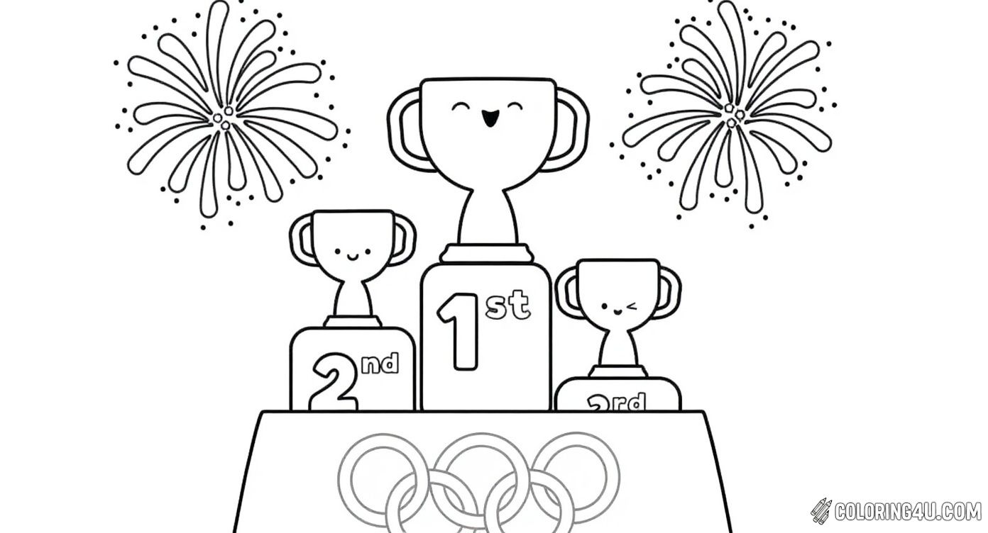 This fun coloring page shows a happy Olympic podium with three smiling trophies for first, second, and third places. Above the trophies, colorful fireworks light up the sky, making it a joyful celebration of achievement! Kids can enjoy coloring the stars, rings, and trophies while learning about the excitement of Olympic victories.