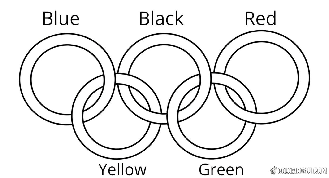 This educational coloring page features the iconic Olympic rings along with the name of each ring's color written above it. Kids can practice their colors by coloring the rings in blue, black, red, yellow, and green. It's a great way to learn about the Olympic symbol and have fun coloring at the same time!