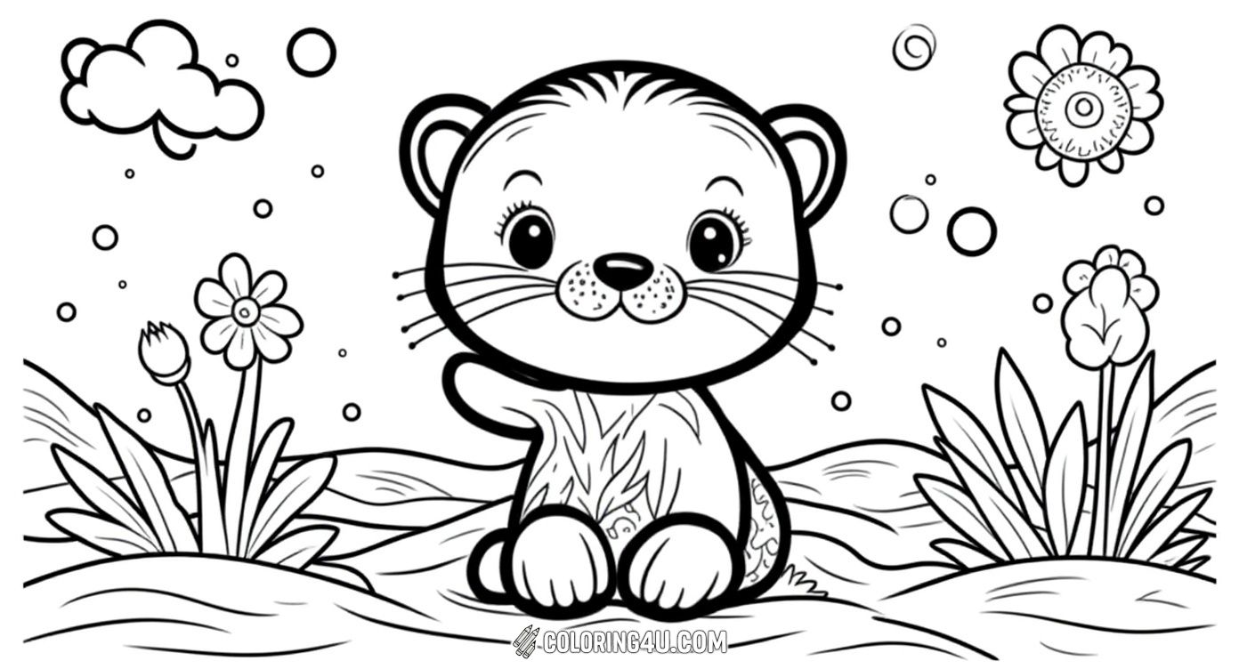 Cute Baby Otter With Rainbow Flowers