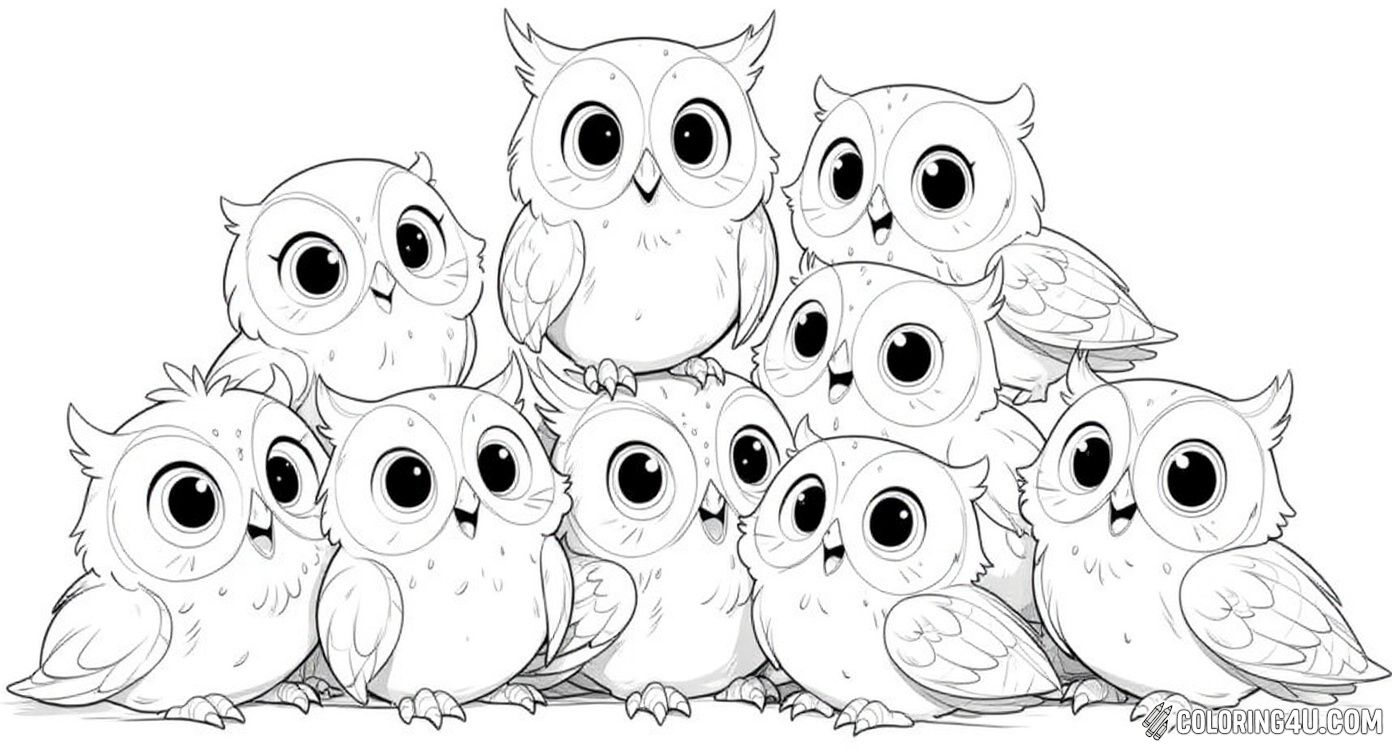 Adorable Cute Owl Pile For Kids Coloring