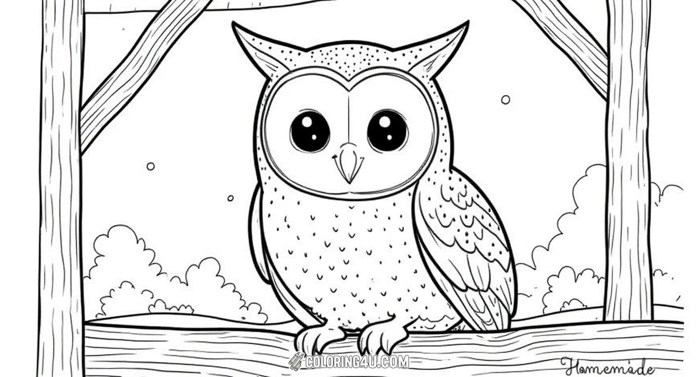 Here is a charming and adorable barn owl sitting on wooden beams inside a cozy barn. Its big, curious eyes and soft feathers make this coloring page perfect for children who love friendly forest creatures and enjoy cozy settings.