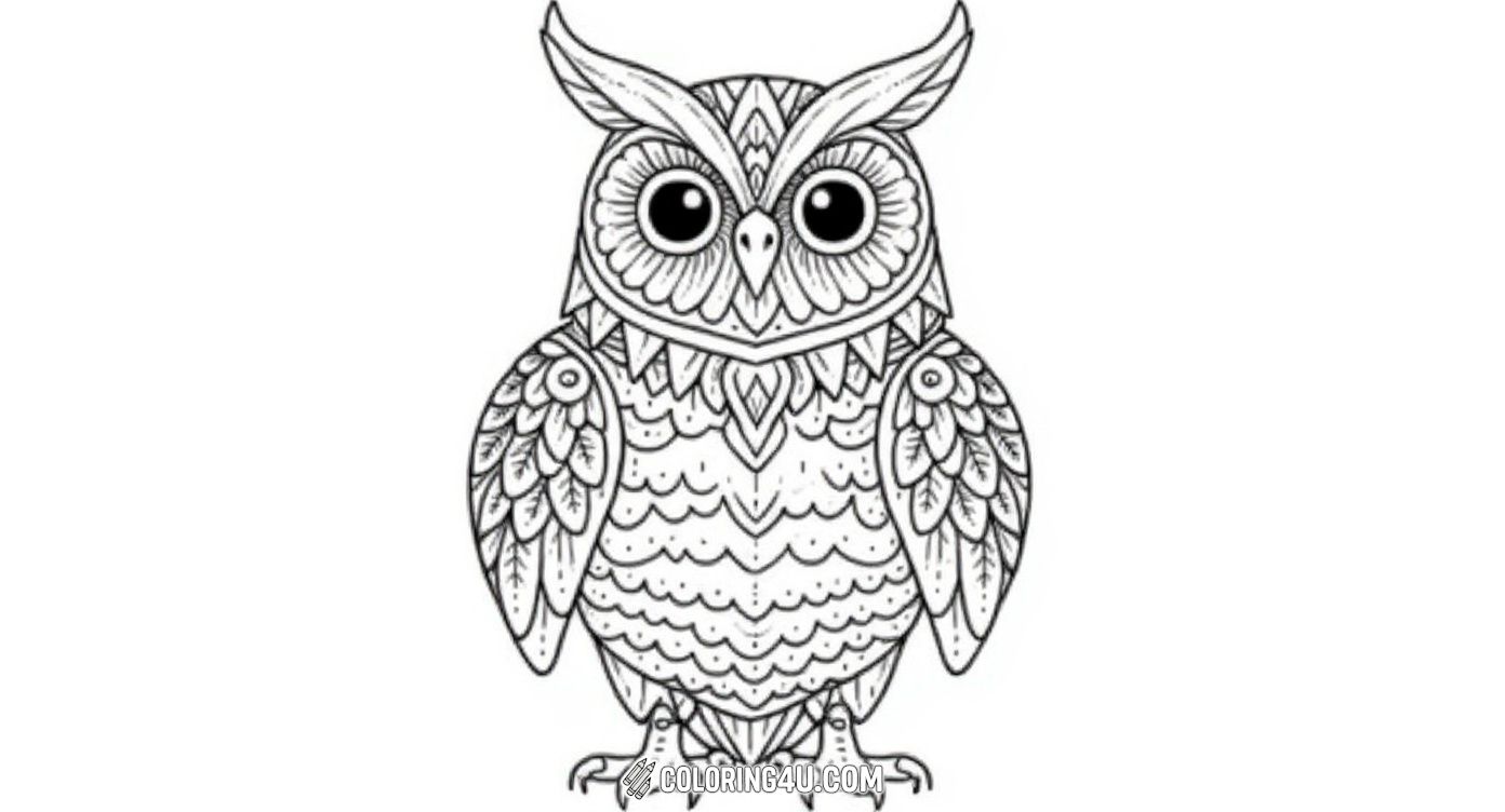 This fun and intricate coloring page showcases a decorative owl covered with beautiful patterns and swirls. Kids can have an exciting time coloring all the detailed designs while creating a stunning, artistic owl full of life and creativity.