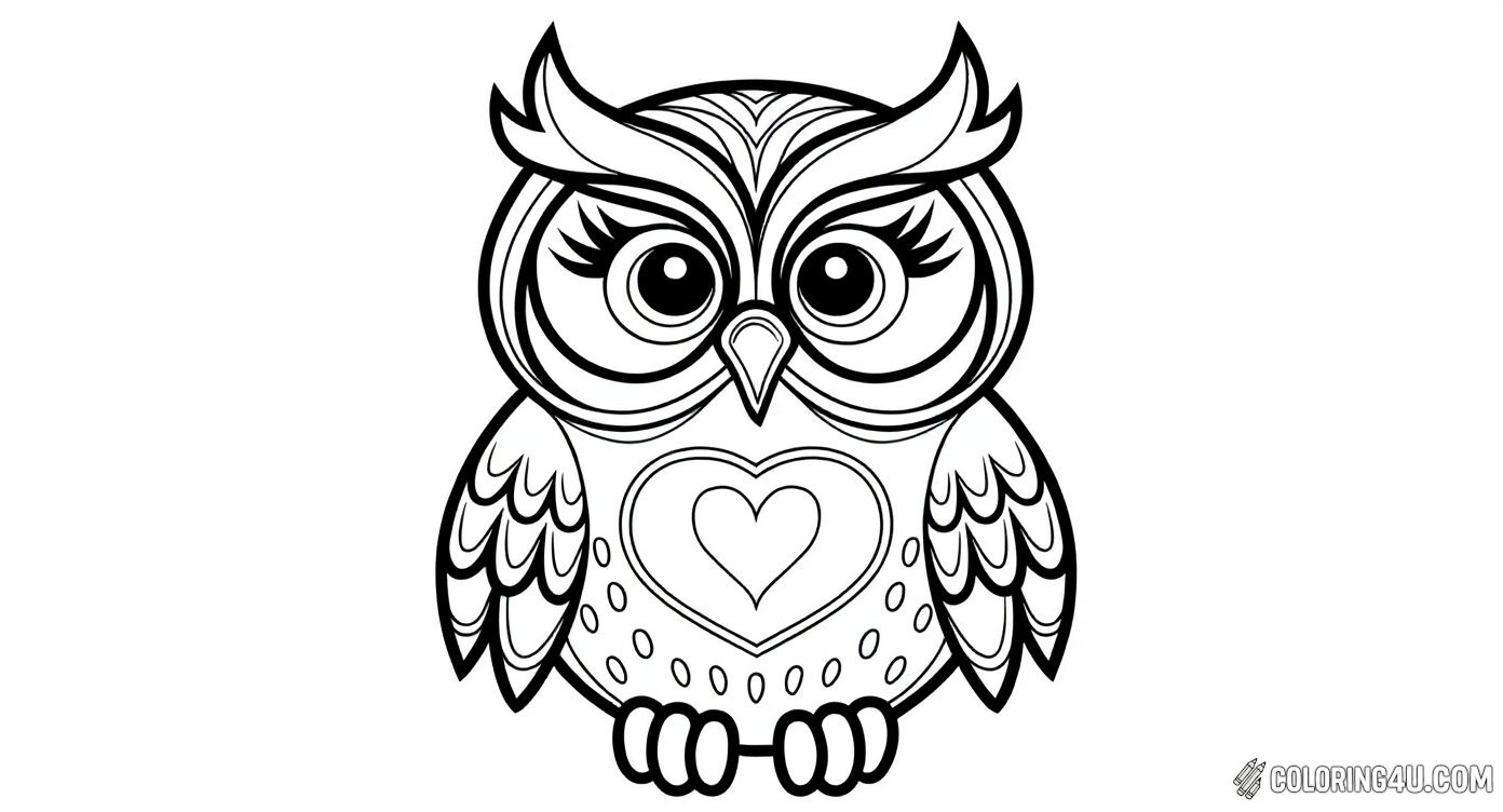 Easy Cute Owl With Heart Design Coloring