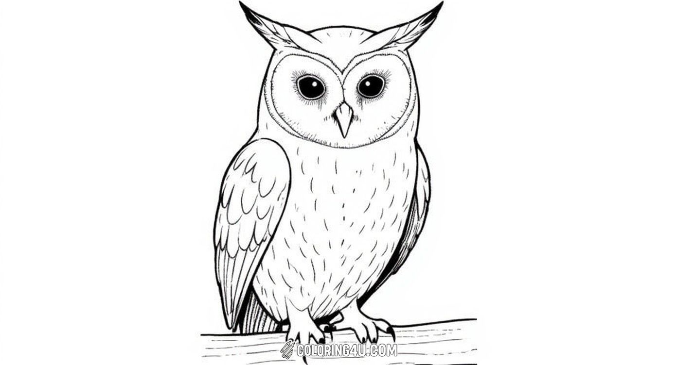 This coloring page features a detailed and realistic barn owl perched on a wooden branch. Kids can enjoy bringing this gentle night bird to life with their favorite colors, highlighting its intricate feathers and bright eyes.