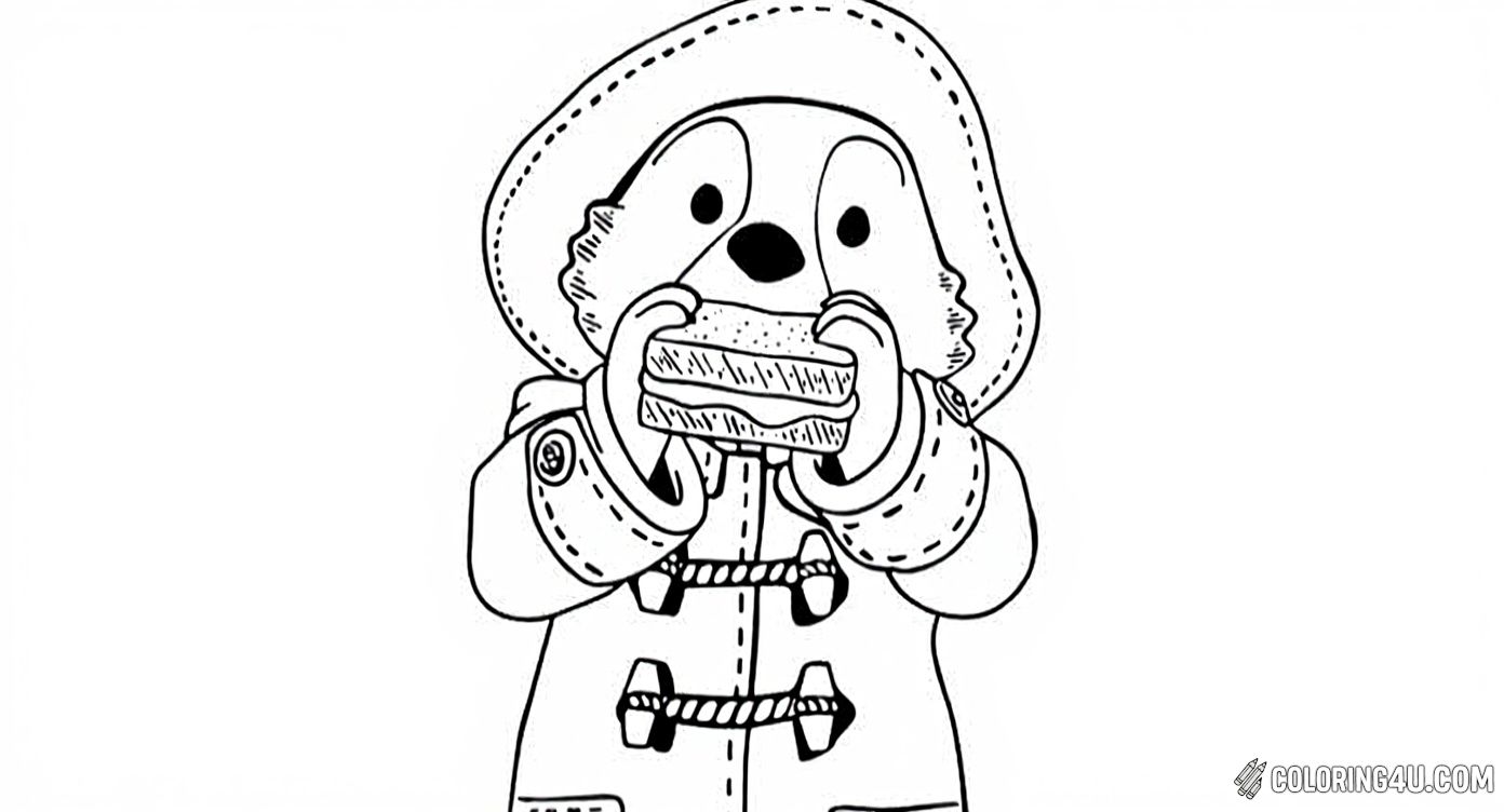 Enjoy coloring Paddington Bear as he happily eats a delicious marmalade sandwich. With the 'Adventures of Paddington' title above him, this image captures a charming moment from Paddington's story that kids will love.