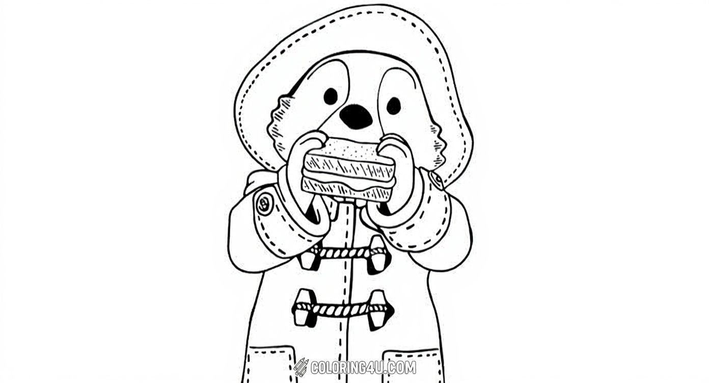Here is a fun coloring page featuring Paddington Bear enjoying one of his favorite treats—a delicious sandwich! Wearing his classic coat and hat, Paddington is ready to be brought to life with vibrant colors. Kids will love adding their own creative touch to this lovable scene from The Adventures of Paddington.