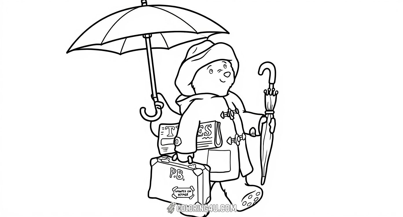 Join Paddington Bear as he strolls down a charming street, dressed in his iconic coat and hat, carrying an umbrella and a suitcase labeled 'P.B.'. This delightful scene invites kids to color Paddington's adventurous spirit as he embarks on a new journey filled with excitement and discovery.