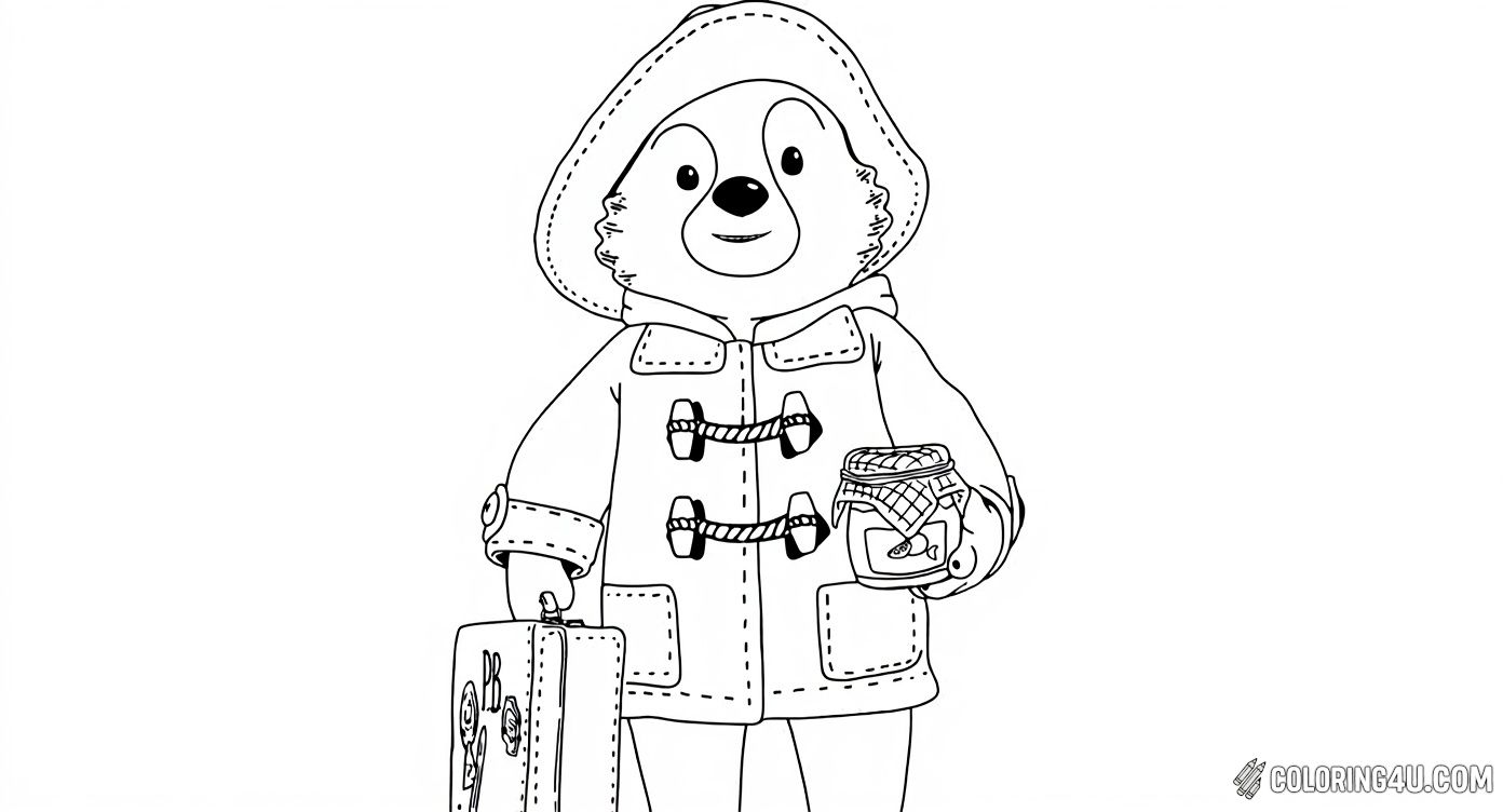 Meet Paddington Bear, the friendly bear in his classic coat and hat, holding a suitcase and a jar of marmalade. Kids can have fun coloring Paddington as he gets ready for his next adventure with his favorite snack!