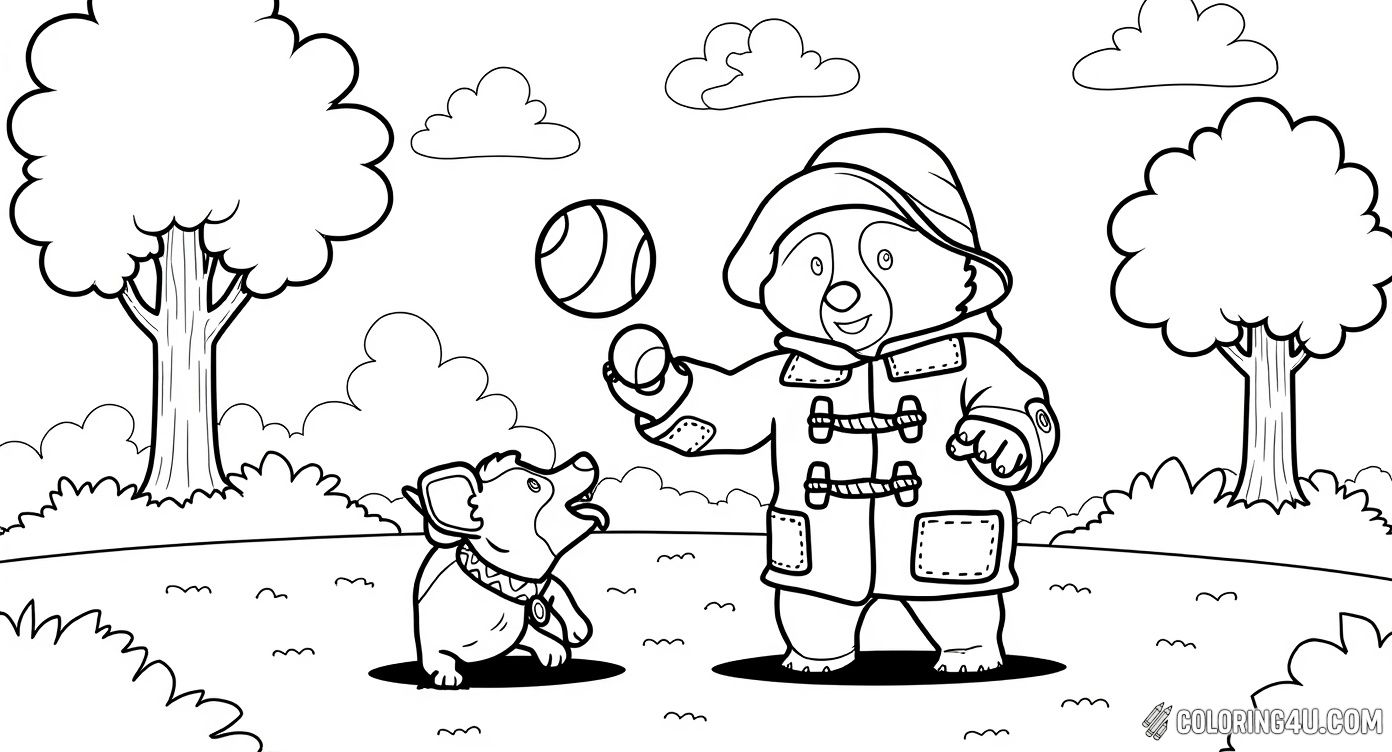 Join Paddington Bear having a playful day in the park with his cheerful dog friend. Surrounded by trees and a bright sun, this scene invites kids to color a fun moment of friendship and outdoor play.