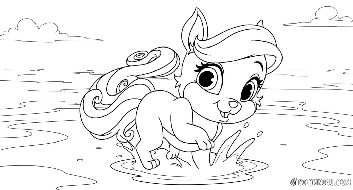 Dive into fun with Treasure, the adorable Palace Pet who loves splashing, swimming, and playing in water! This energetic pup is at the beach surrounded by seashells and starfish, ready for kids to color a lively and sunny seaside adventure.