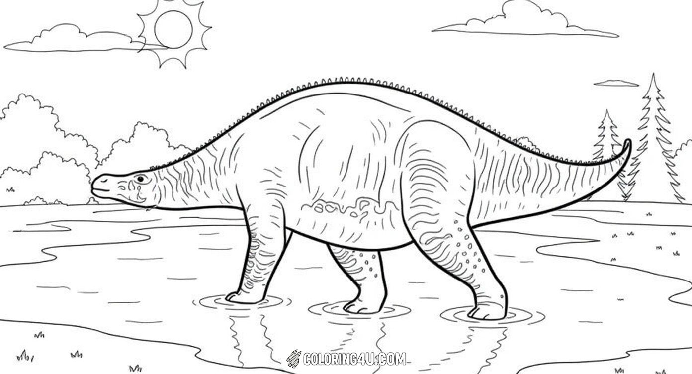 This coloring page shows a Parasaurolophus dinosaur standing in shallow water on a sunny day. The dinosaur is detailed with patterns on its body and surrounded by trees and clouds. Kids can have fun bringing this prehistoric scene to life with their favorite colors!