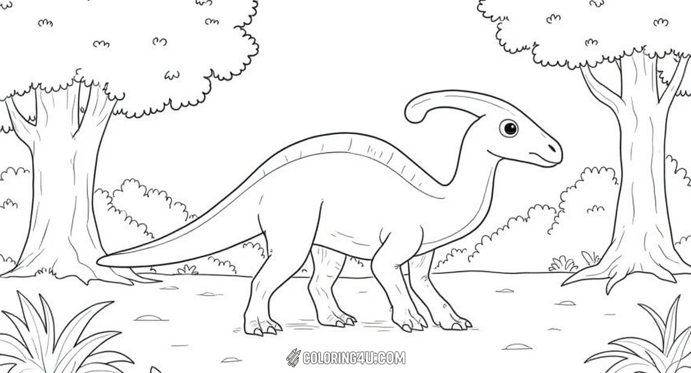 This delightful coloring page features a Parasaurolophus dinosaur walking through a lush forest with big trees and plants. Kids can enjoy coloring this gentle dinosaur while imagining the prehistoric world it lived in.
