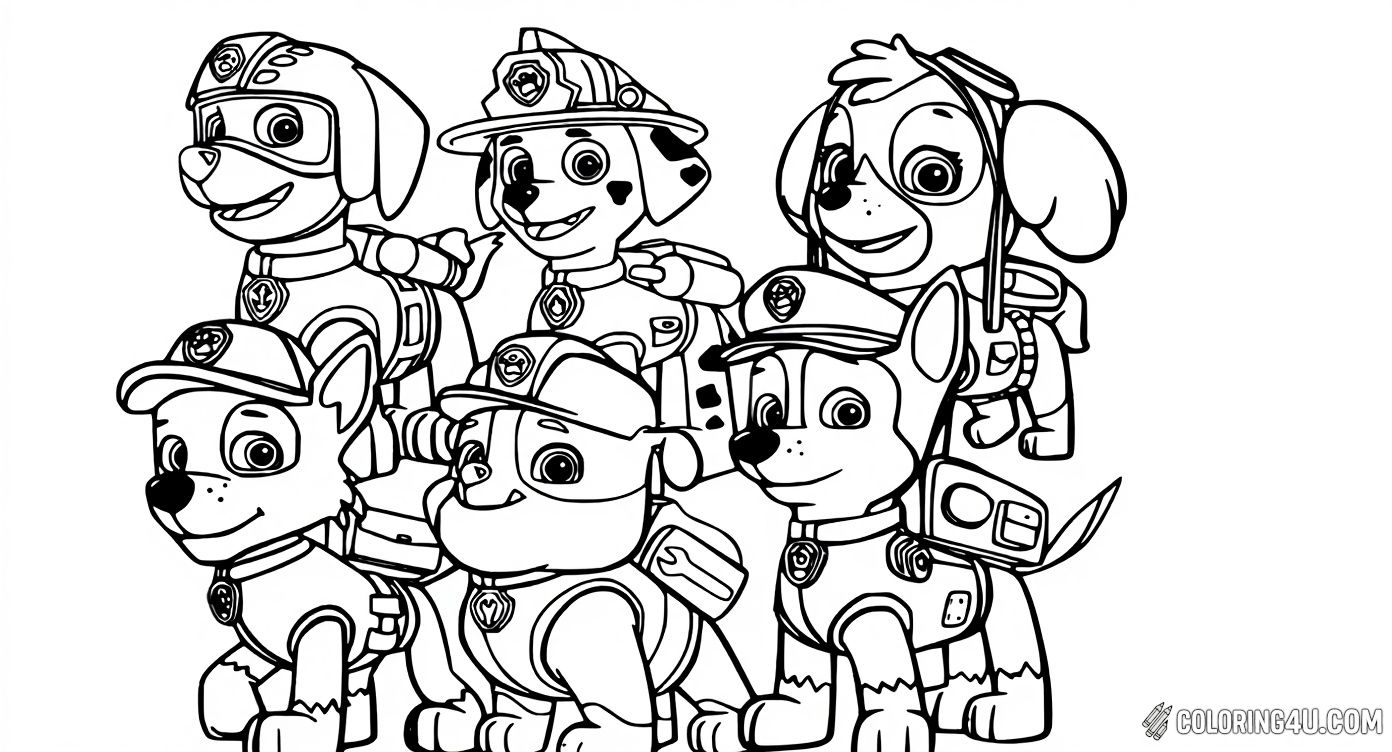 Paw Patrol Six Pups Group Coloring Page