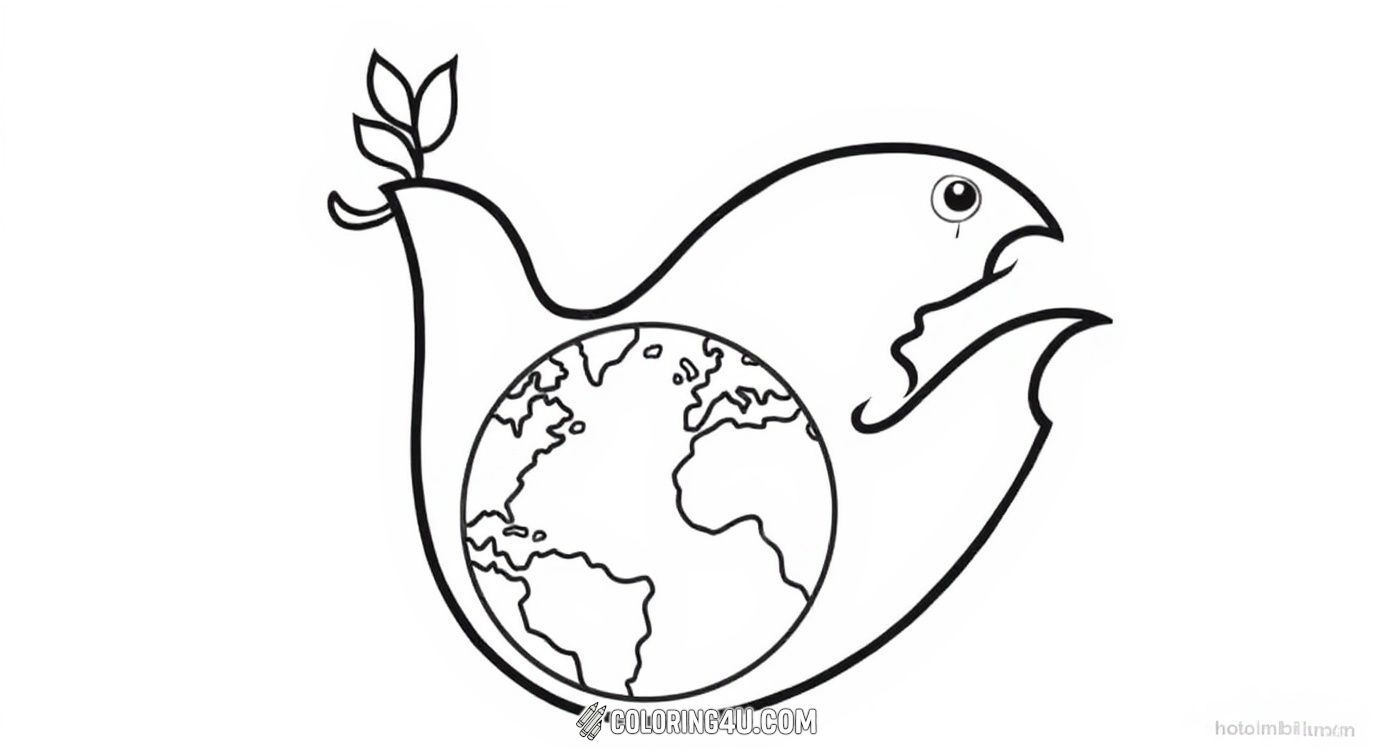 This lovely coloring page shows a graceful dove holding an olive branch, with the Earth inside its body and the words 'Peace on Earth' elegantly written around it. Kids will enjoy coloring this peaceful symbol, encouraging thoughts about caring for our planet and spreading love worldwide.