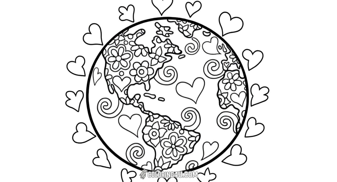 This coloring page features a beautiful globe decorated with flowers, hearts, and swirls, surrounded by the inspiring message 'Visualize World Peace.' Kids can have fun bringing this hopeful and joyful scene to life with colors, imagining a world filled with love and harmony.