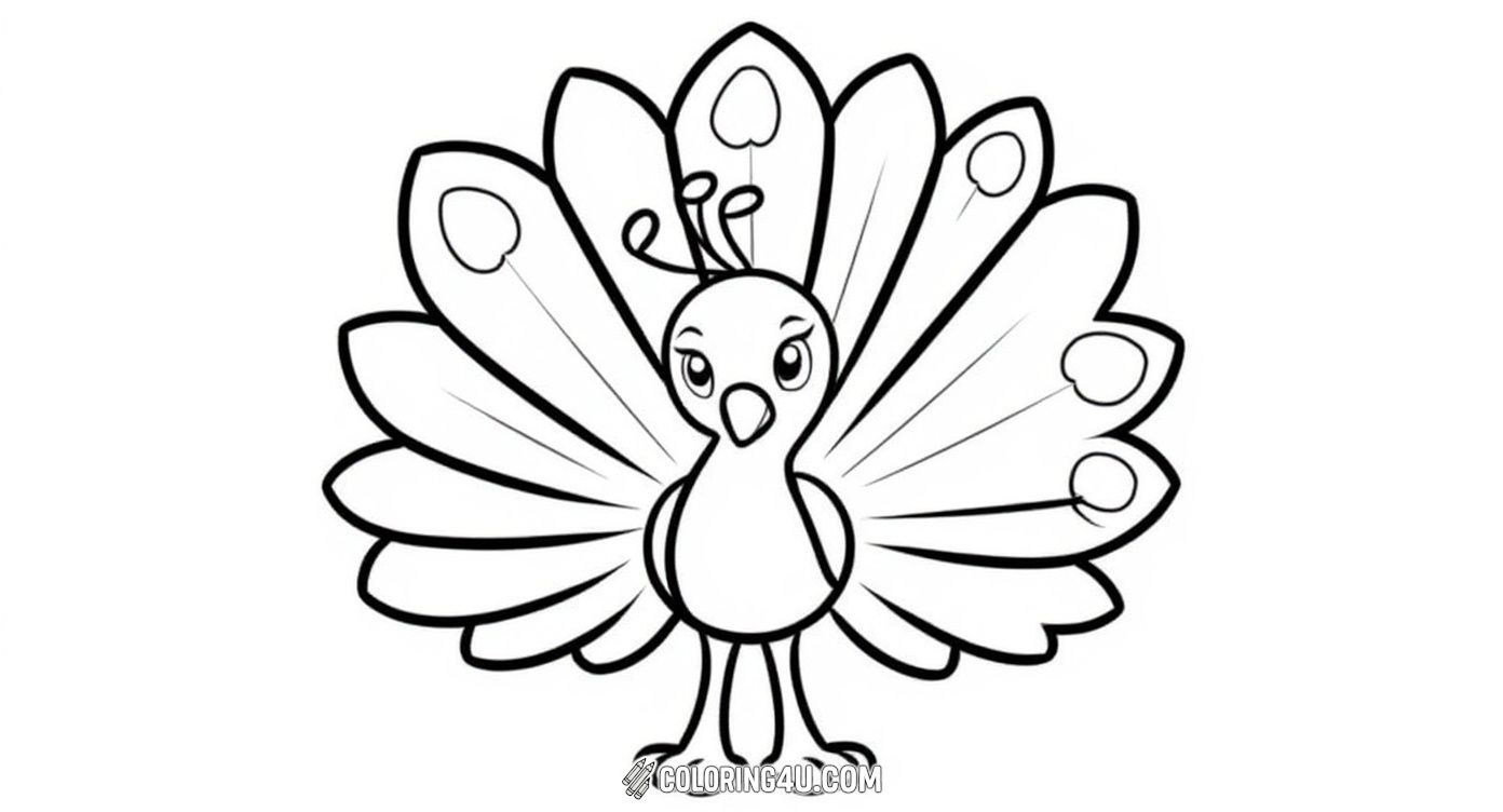 This adorable coloring page shows a cute cartoon peacock with its feathers fanned out proudly. The simple and bold lines make it perfect for younger kids to enjoy coloring while imagining the bright and colorful feathers of this charming bird.