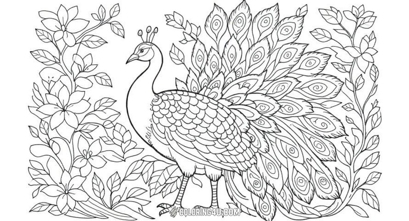 This beautiful coloring page features a family of elegant peacocks perched on branches surrounded by blooming flowers and leaves. Kids can bring this detailed nature scene to life with vibrant colors, exploring the intricate patterns on the peacocks’ feathers and the lush garden around them.