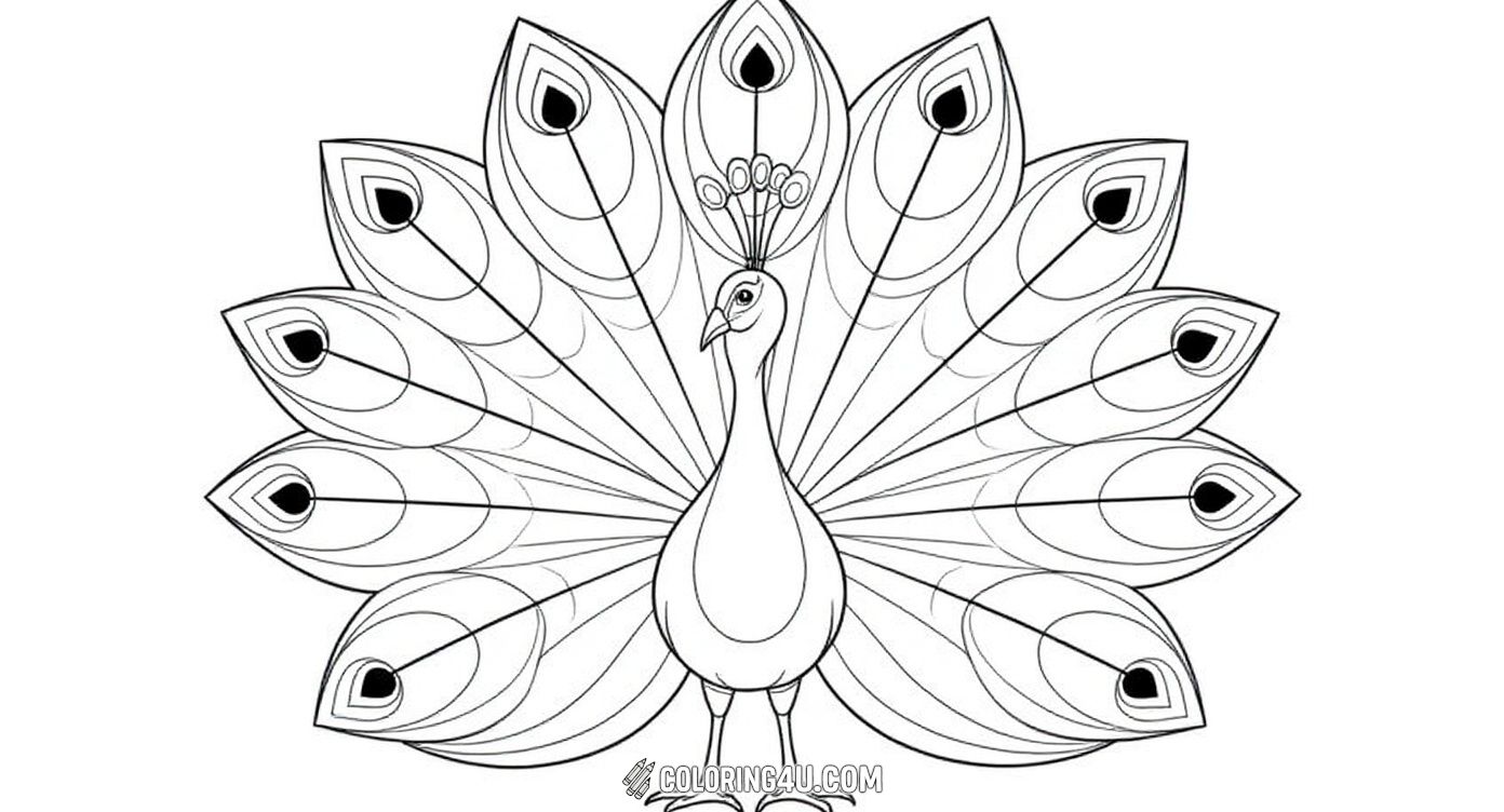 This fun coloring page presents a stylized peacock with striking, bold feather patterns all around. Kids will have a great time coloring the detailed eye-like spots on the feathers and giving this elegant bird a splash of beautiful colors in a creative way.
