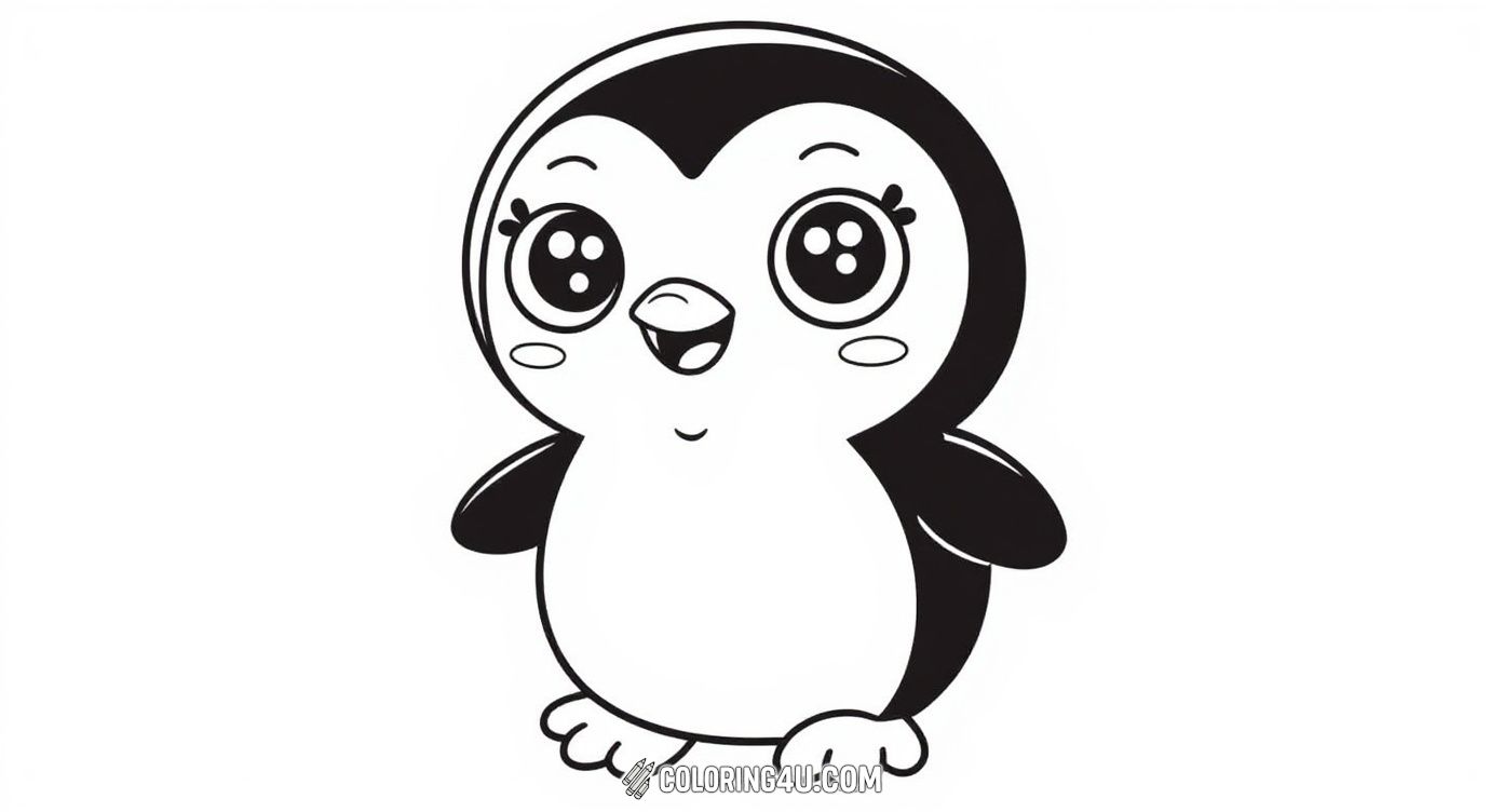 This adorable big penguin coloring page features a charming little penguin with big sparkling eyes and a playful smile. Perfect for kids to add bright colors and bring this cute character to life!