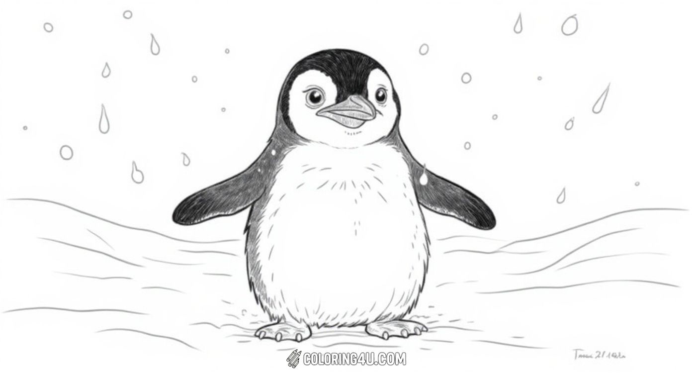 This adorable coloring page shows a cute baby penguin standing confidently in a snowy landscape, with gentle snowdrifts around it. Kids can have fun bringing this lively penguin to life with bright colors as it enjoys its chilly environment.