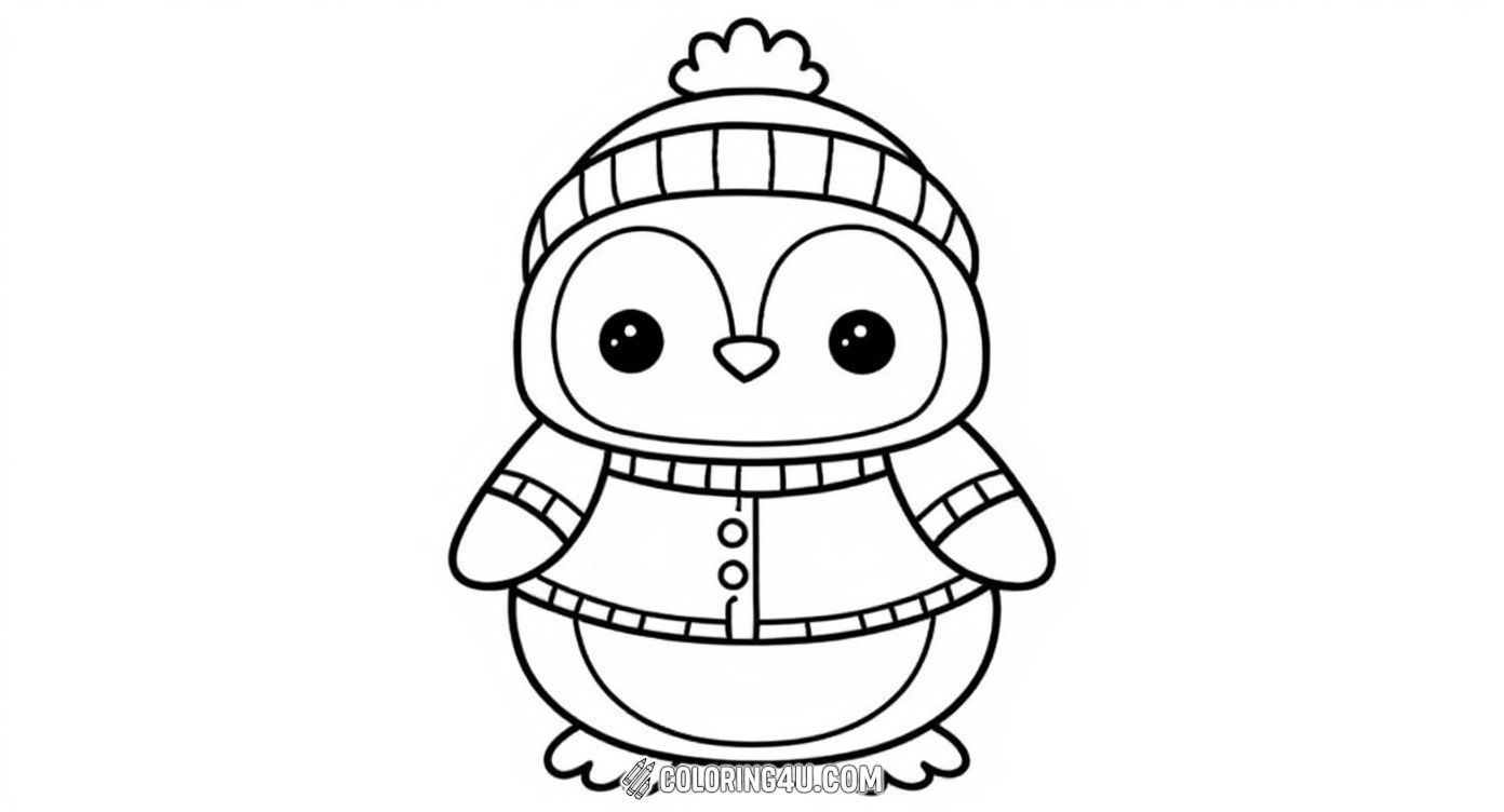 Color this delightful penguin dressed warmly in a cozy knitted hat and sweater. This fun winter-themed coloring page invites kids to use vibrant colors and create a cheerful, snug scene.