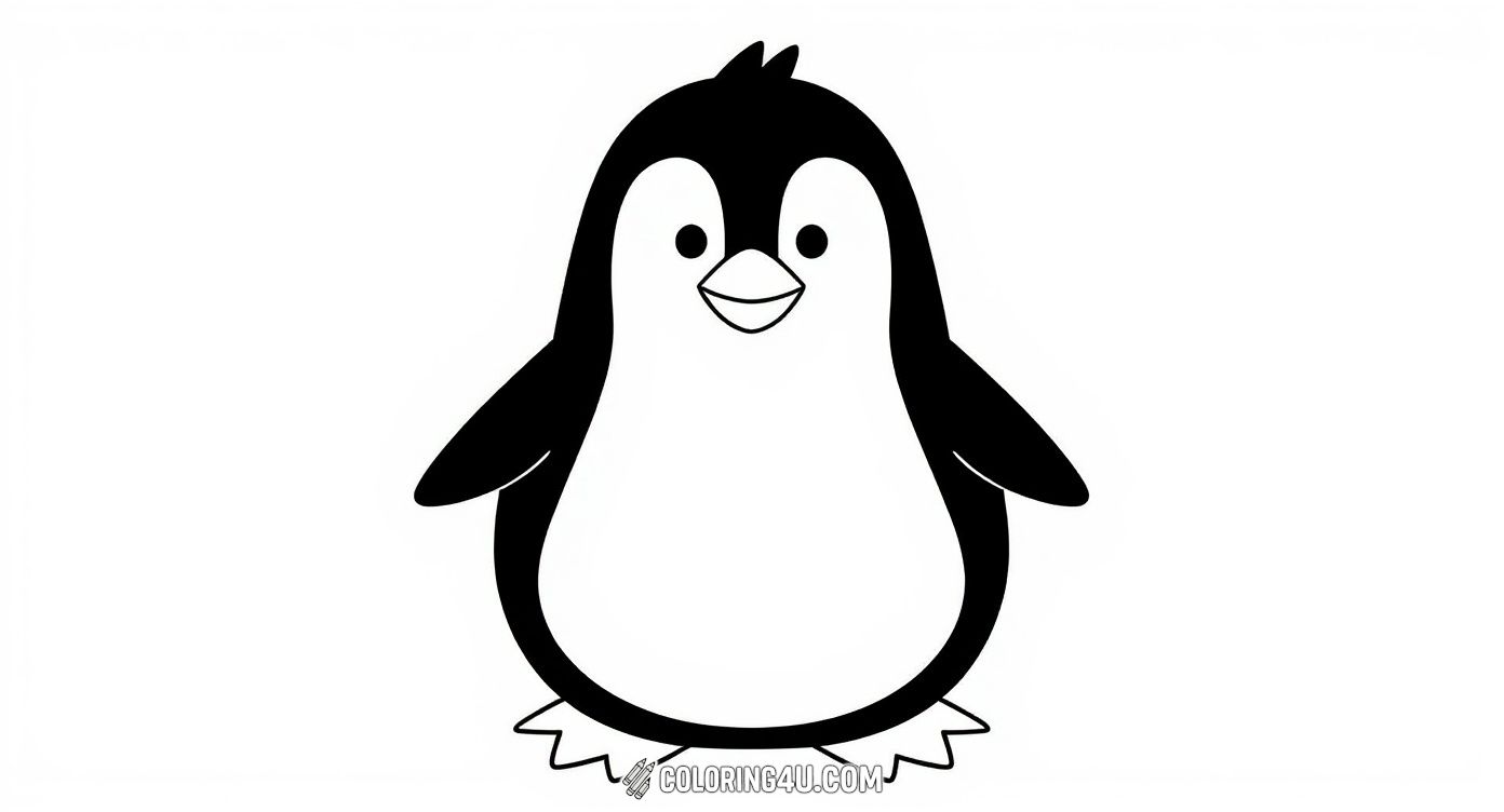 A fun and easy coloring page featuring a friendly cartoon penguin with big eyes and a cheerful smile, perfect for young kids. The word 'Penguin' is displayed below, helping children learn the name while they enjoy coloring this cute character.
